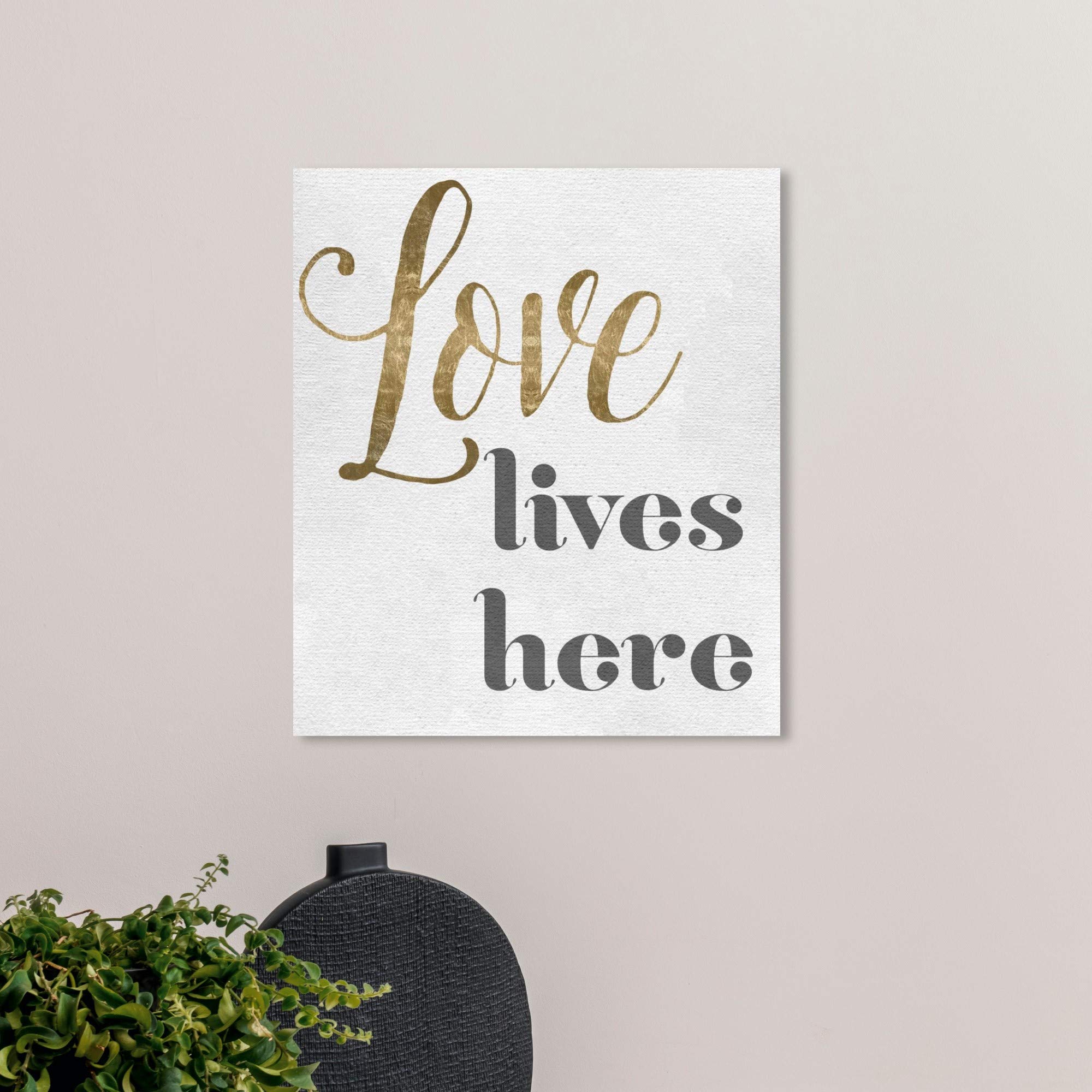 Oliver Gal Artist Co. 'Love Lives Here' Wall Art Canvas Print - 20x24 Inch Typography Quote Home Decor in Gold & Gray | Perfect for Living Room, Bedroom & Office Decor