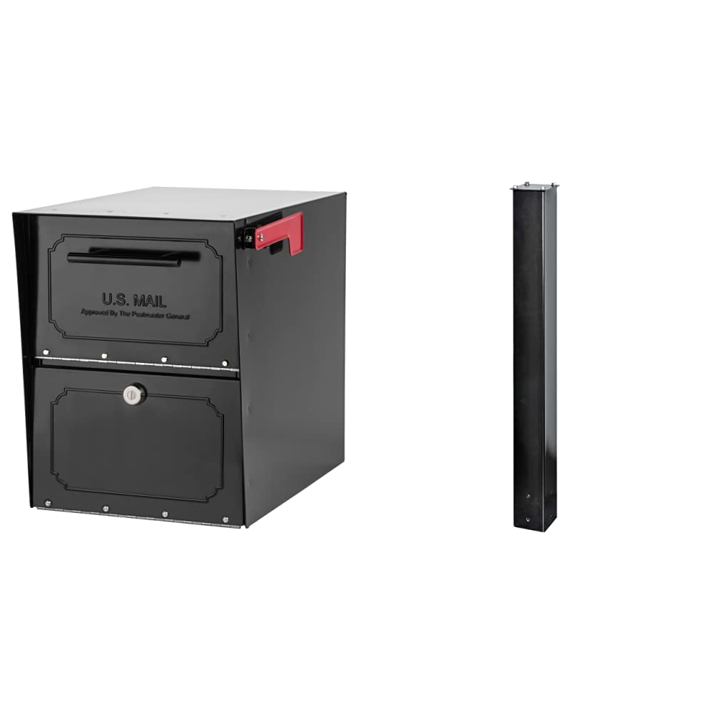 High Security Architectural Mailbox 6200B-10 Oasis Classic - Locking Post Mount Parcel Mailbox with Reinforced Lock (Black) + Mail Boss 7121 Black In-Ground Mounting Post (43
