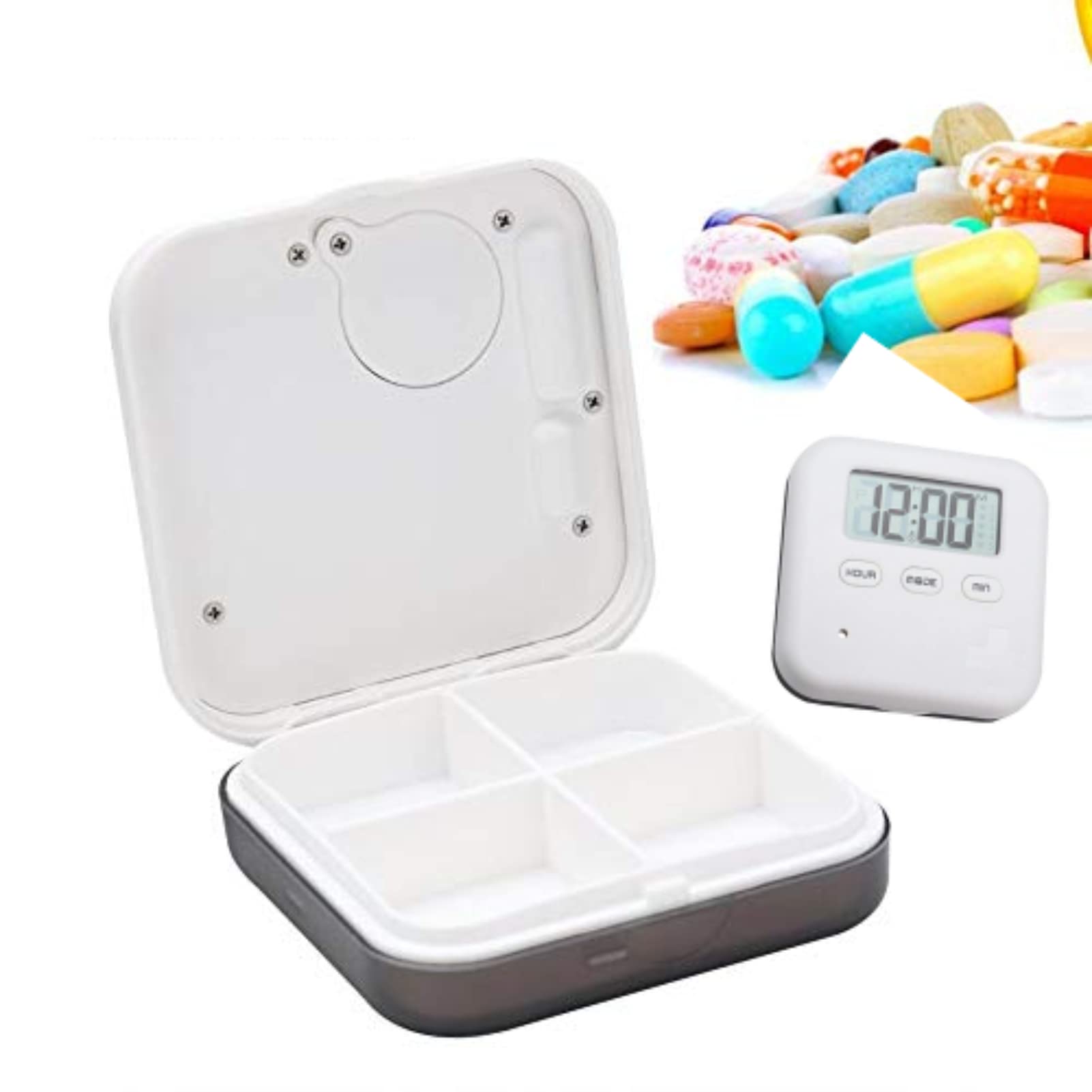 4-Compartment Daily Pill Organizer with Timer - Portable Pill Storage Box for Travel & Home Use - Medication Reminder Case for Vitamins & Supplements (2 Pack)