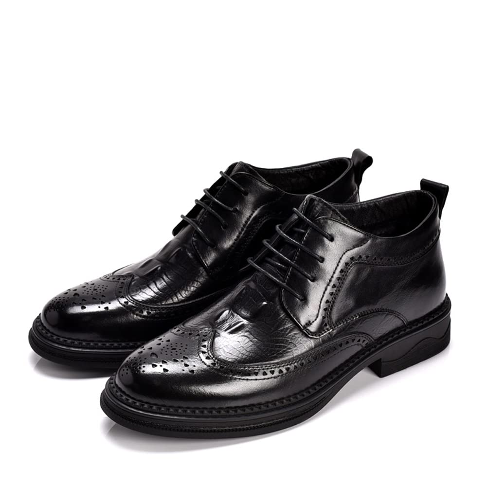 VIVIANSHOP Men's Leather Lace-Up Dress Shoes - Embossed Business Oxfords with Thick Sole, Pointed Toe & High-Top Design - Size 40 EU (Black) - Perfect for Office Work, Formal Events & Business Meetings