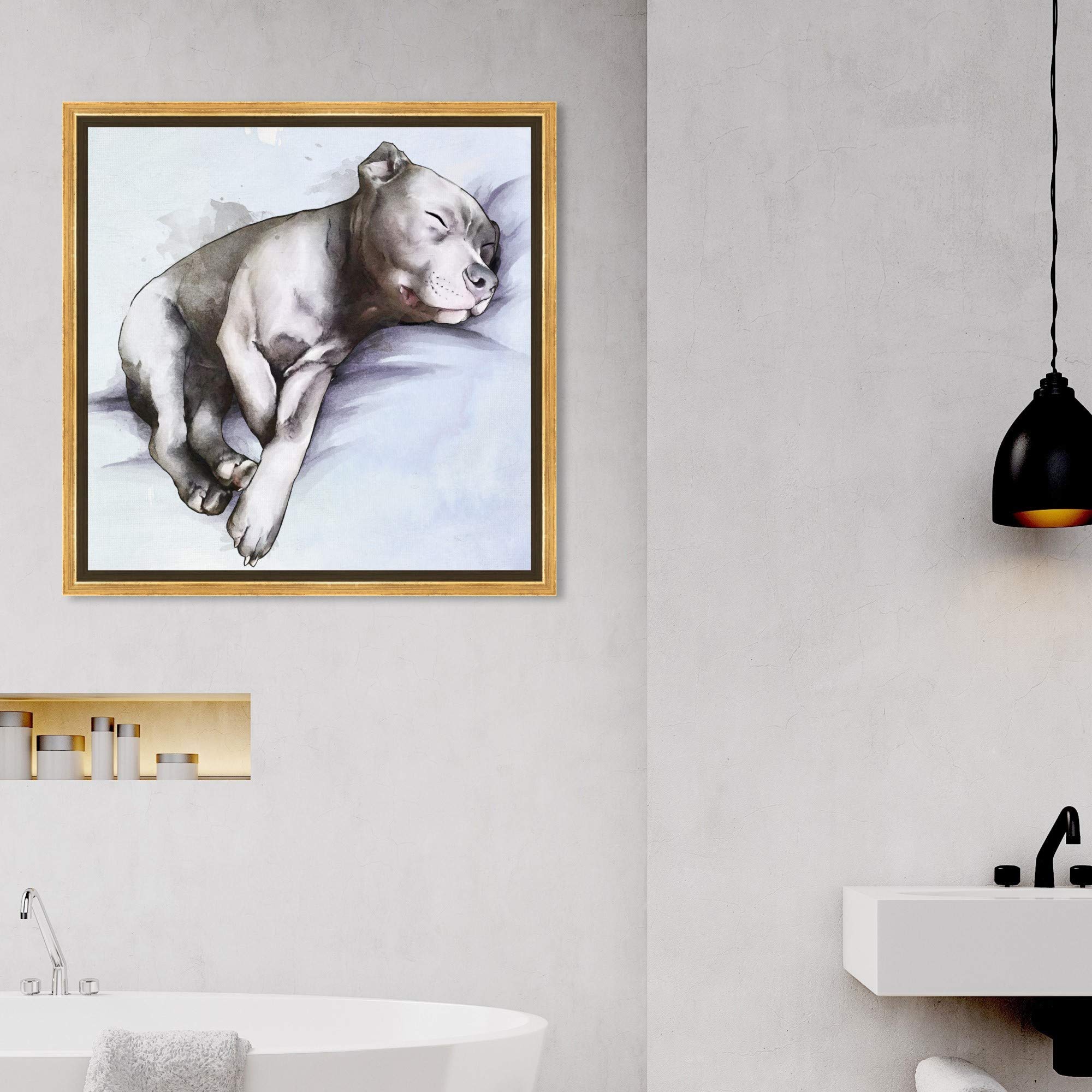 Sleeping Pitbull Framed Wall Art Canvas Print - 16x16 Inches, Gray & Blue - Modern Dog & Puppy Home Décor for Living Room, Bedroom, or Office