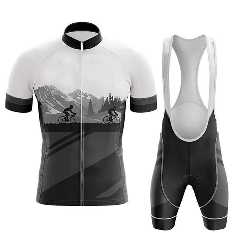 Men's High Elastic Cycling Tight Shirts with Zipper Closure + White Bib Shorts 2-Piece Set - Performance Bike Riding Outfit for Road & Mountain Cycling