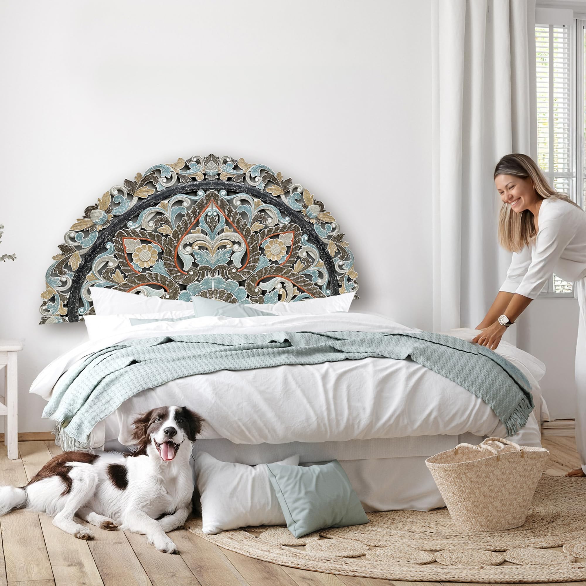 Half Moon Wood Headboard - Hand Carved Full Size Bed Headboard Panel for Queen & King Beds - Rustic Wooden Wall Mount Headboard - Perfect for Bedroom, Guest Room & Farmhouse Decor (Ayunina)