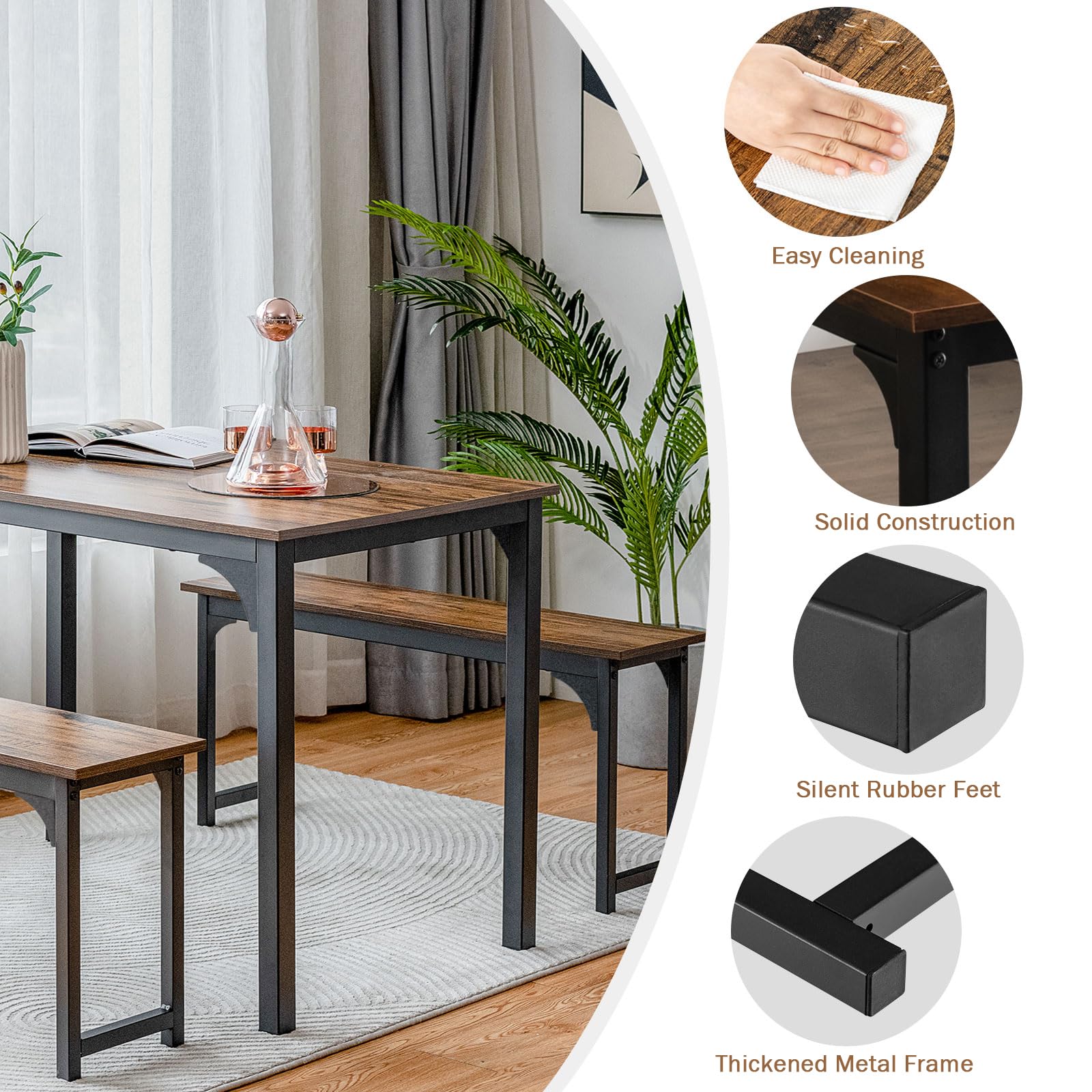 NAFORT 3-Piece Space Saving Dining Table Set for 4 with 2 Benches - 43.5 Inch Compact Kitchen Table with Sturdy Metal Frame & Solid MDF Wood Board - Perfect for Small Apartments, Breakfast Nooks, Restaurants & Outdoor Patio Use