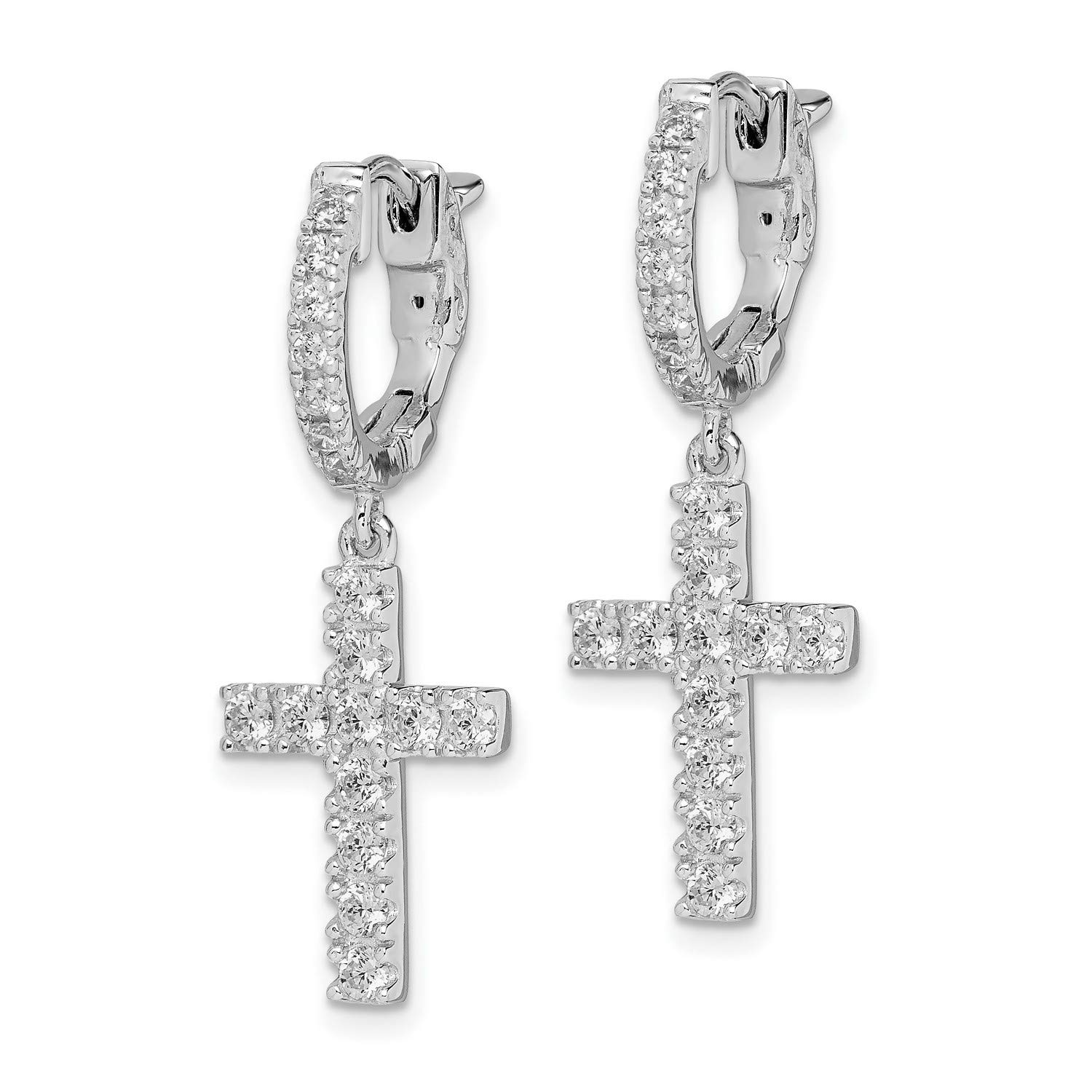 Sterling Silver CZ Hinged Hoop Dangle Cross Earrings 31x11mm - Elegant Religious Jewelry for Women, Perfect for Church, Weddings & Everyday Wear