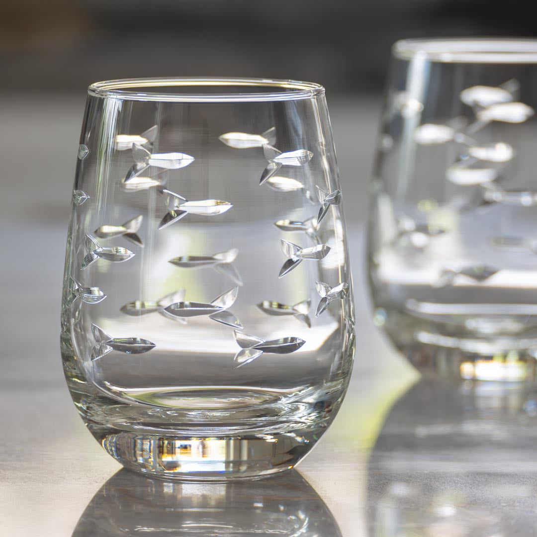 School of Fish 15oz Clear Stemless Wine Tumbler Glasses - Set of 2 | Perfect for Parties, Picnics & Home Entertaining