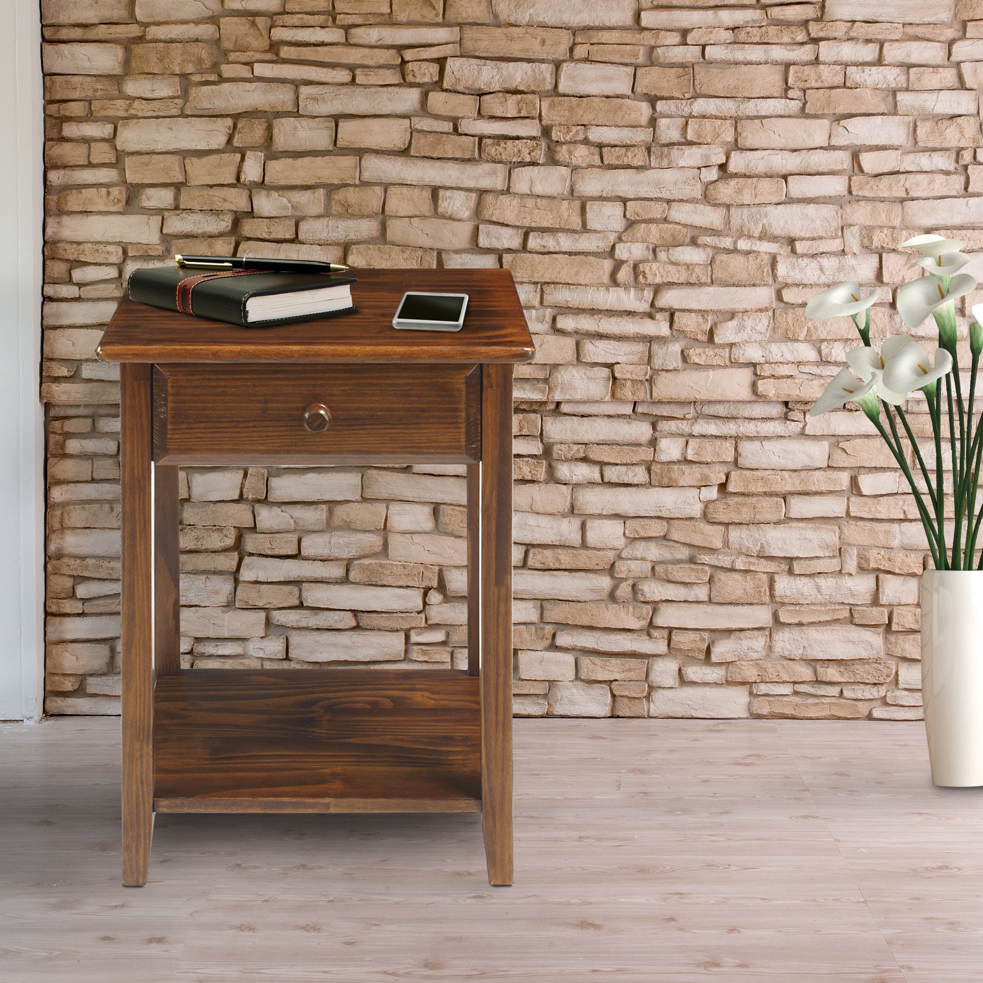 Casual Home Night Owl Nightstand with USB Ports - Warm Brown Wood Bedside Table for Bedroom, Living Room & Office - Charging Station & Storage Solution