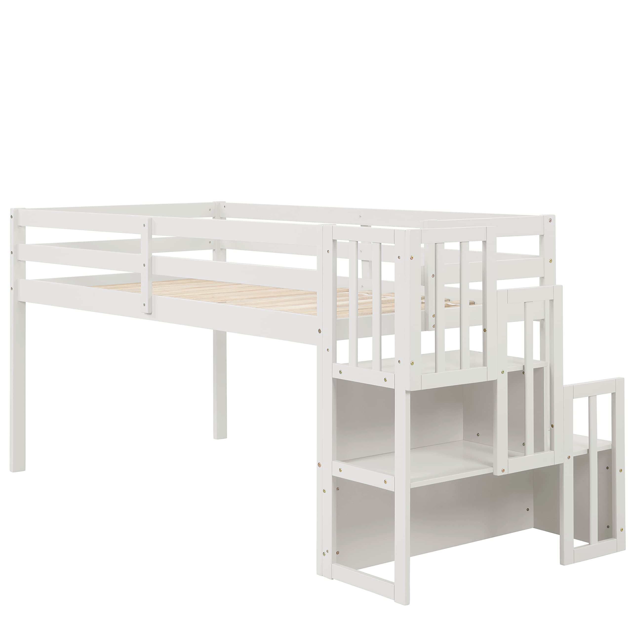 Twin Size Low Loft Bed with Stairs - Kids Wooden Loft Bed Frame with Storage Staircase for Boys & Girls - White - Perfect for Small Bedrooms, Dorm Rooms & Kids' Spaces