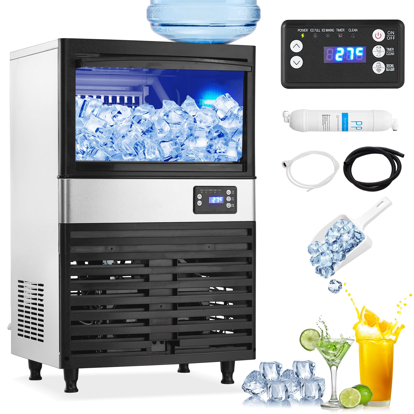 Commercial Ice Maker Machine 120lbs/24H, Stainless Steel Undercounter Ice Machine with 30lbs Storage - Freestanding Ice Maker for Home Bars, Restaurants & Outdoor Use - Dual Water Inlet for Convenient Installation