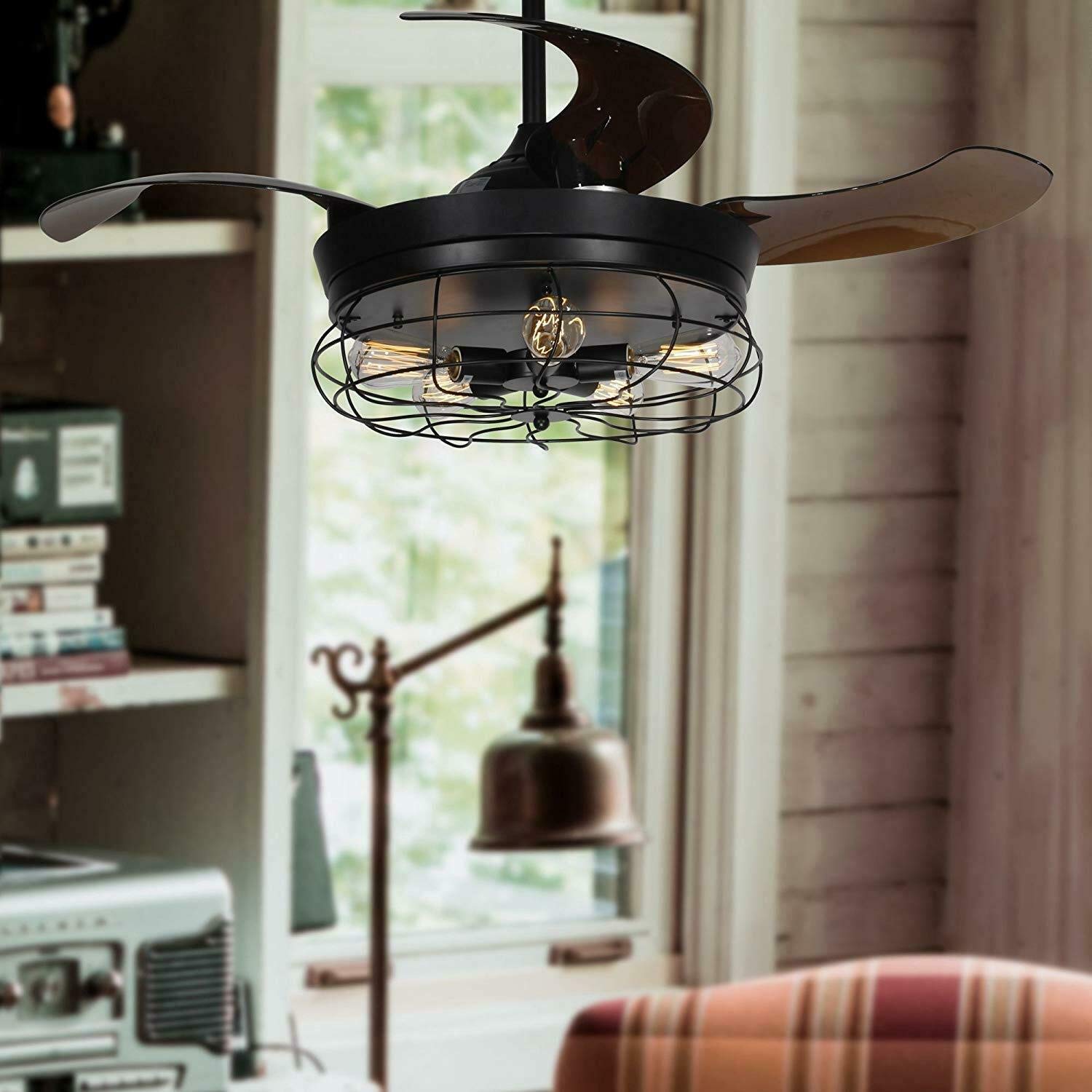 42'' Retractable Ceiling Fan with Light - Farmhouse Industrial Pendant Chandelier with Remote Control & Invisible Blades (Requires 5 Edison Bulbs) for Living Room, Bedroom, Dining Room, Office, Kitchen - Perfect for Home Cooling and Stylish Lighting