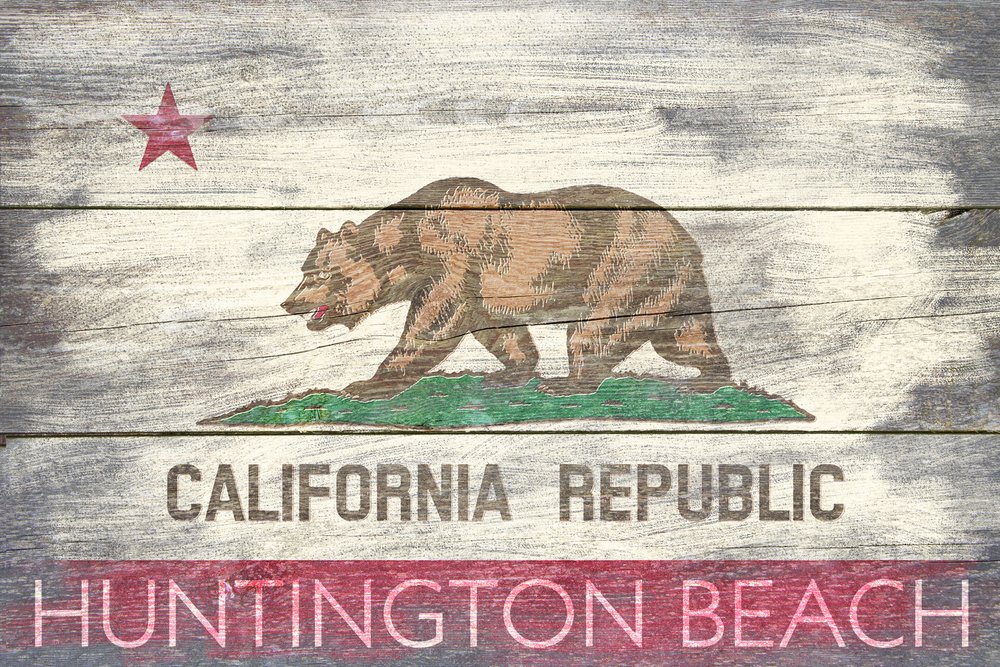 Lantern Press Huntington Beach California Rustic State Flag Art - 12x18 Wrapped Canvas Wall Decor for Home, Office & Coastal Living Spaces