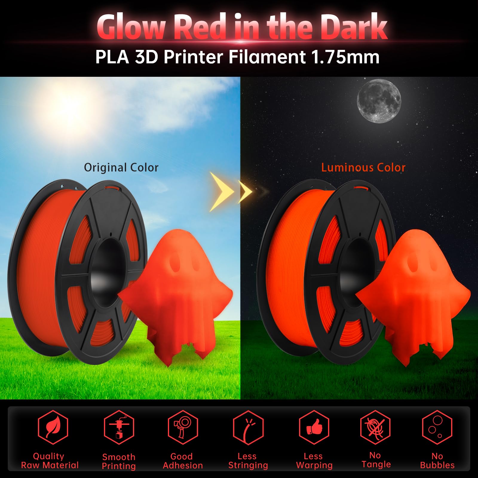 SUNLU Glow in The Dark PLA Filament 1.75mm - High Precision +/- 0.02mm, Luminous 3D Printer Filament for FDM Printers, 1kg Spool (2.2lbs) - Perfect for Nighttime Decor, Cosplay Props & Creative DIY Projects (Red PLA, Glow Red)