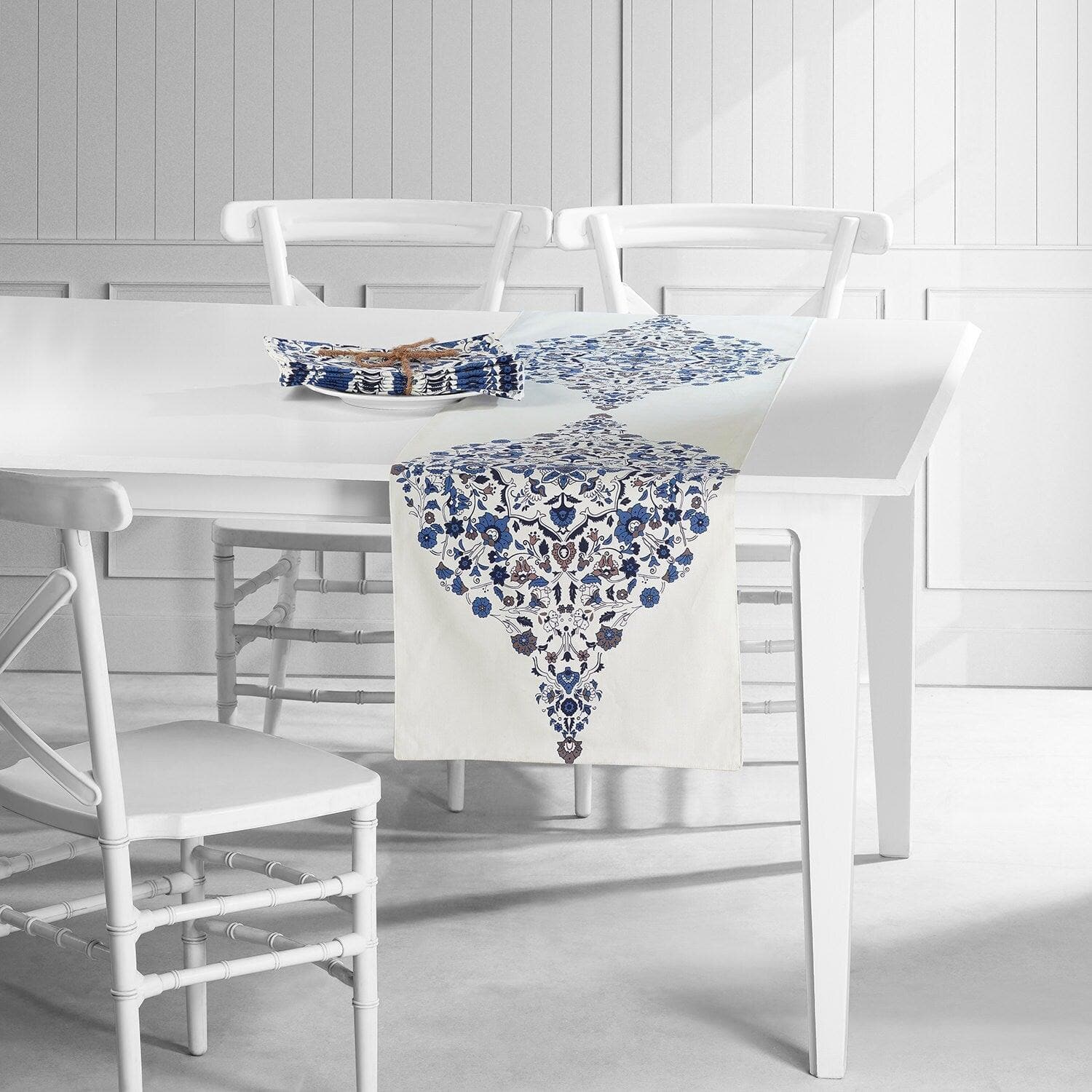 Kerala Blue Emblem Printed Cotton Table Runner & Placemats Set - Handmade Indian Cotton Table Decor for Dining Room, Wedding, and Party Settings
