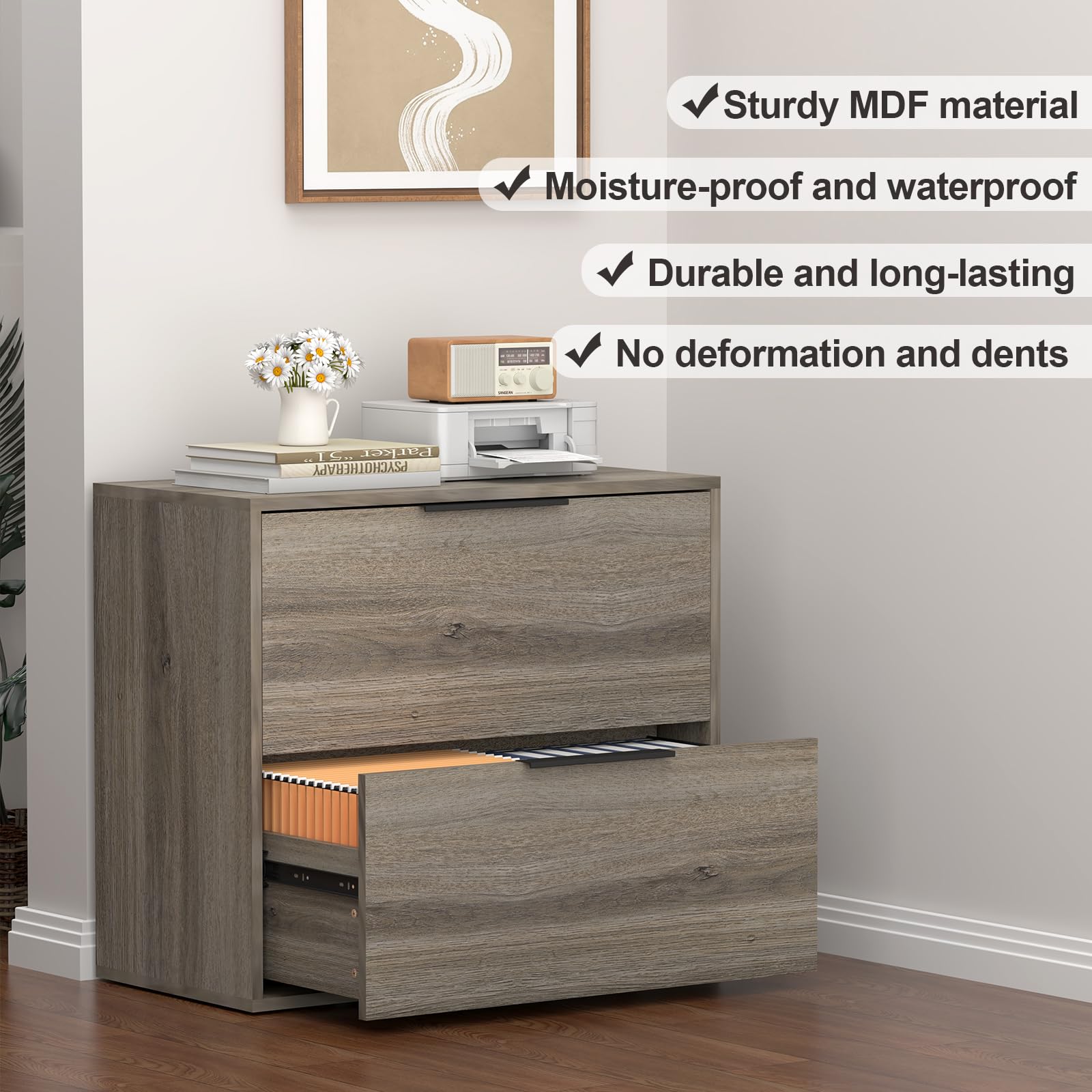 2-Drawer Wooden Lateral File Cabinet for Home Office - Farmhouse Style with Hanging Bars for Letters/Legal (Grey) - Perfect for Organizing Documents in Small Spaces & Home Offices