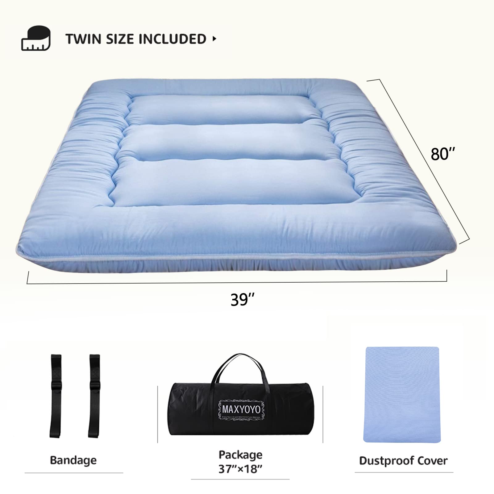 MAXYOYO Japanese Floor Futon Mattress - Portable Foldable Tatami Mattress for Guest Bed, Camping & Small Space Living | Comfortable Floor Sleeping Solution