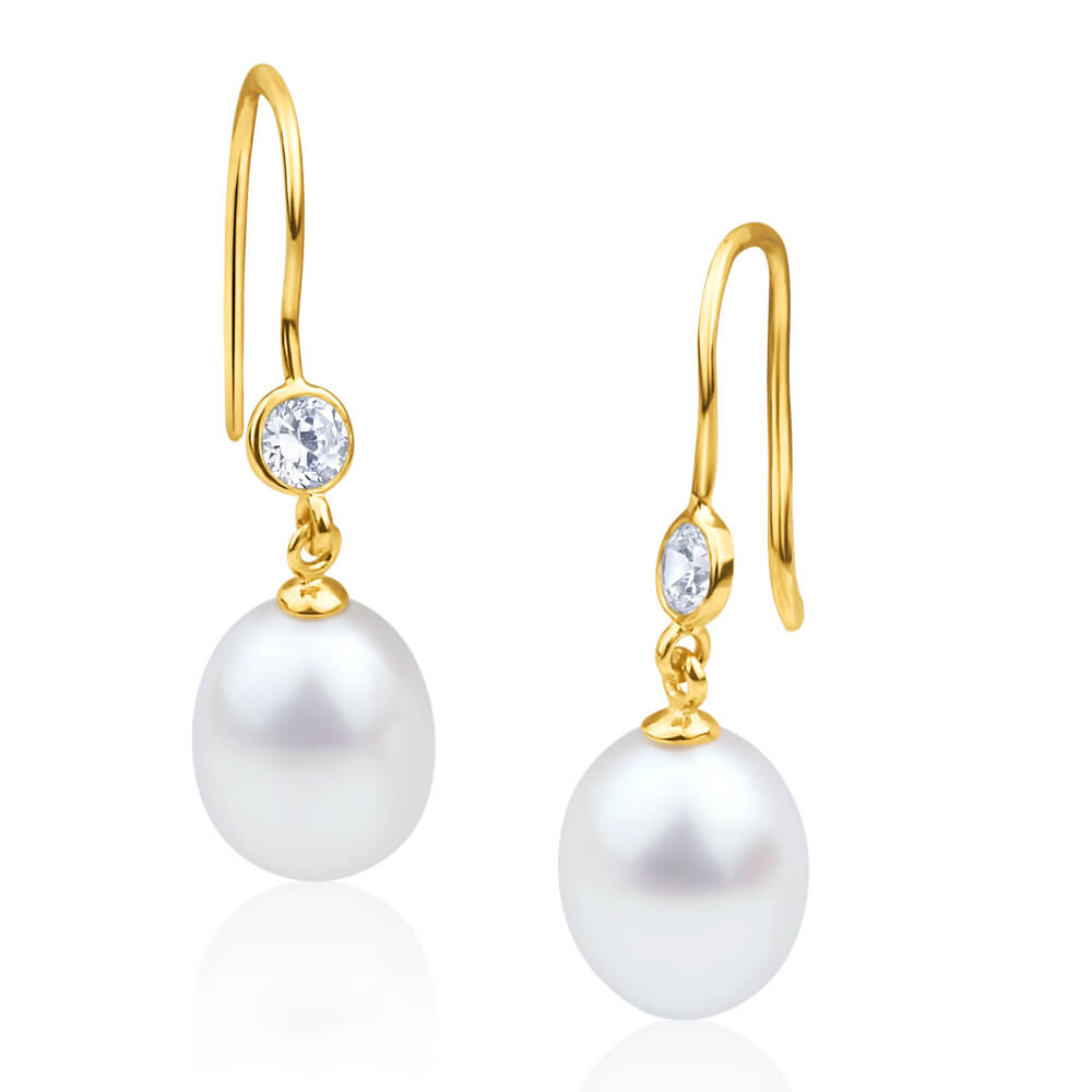 9ct Yellow Gold Freshwater Pearl & Cubic Zirconia Drop Earrings for Women - Elegant Dangling Jewelry for Weddings, Parties & Special Occasions