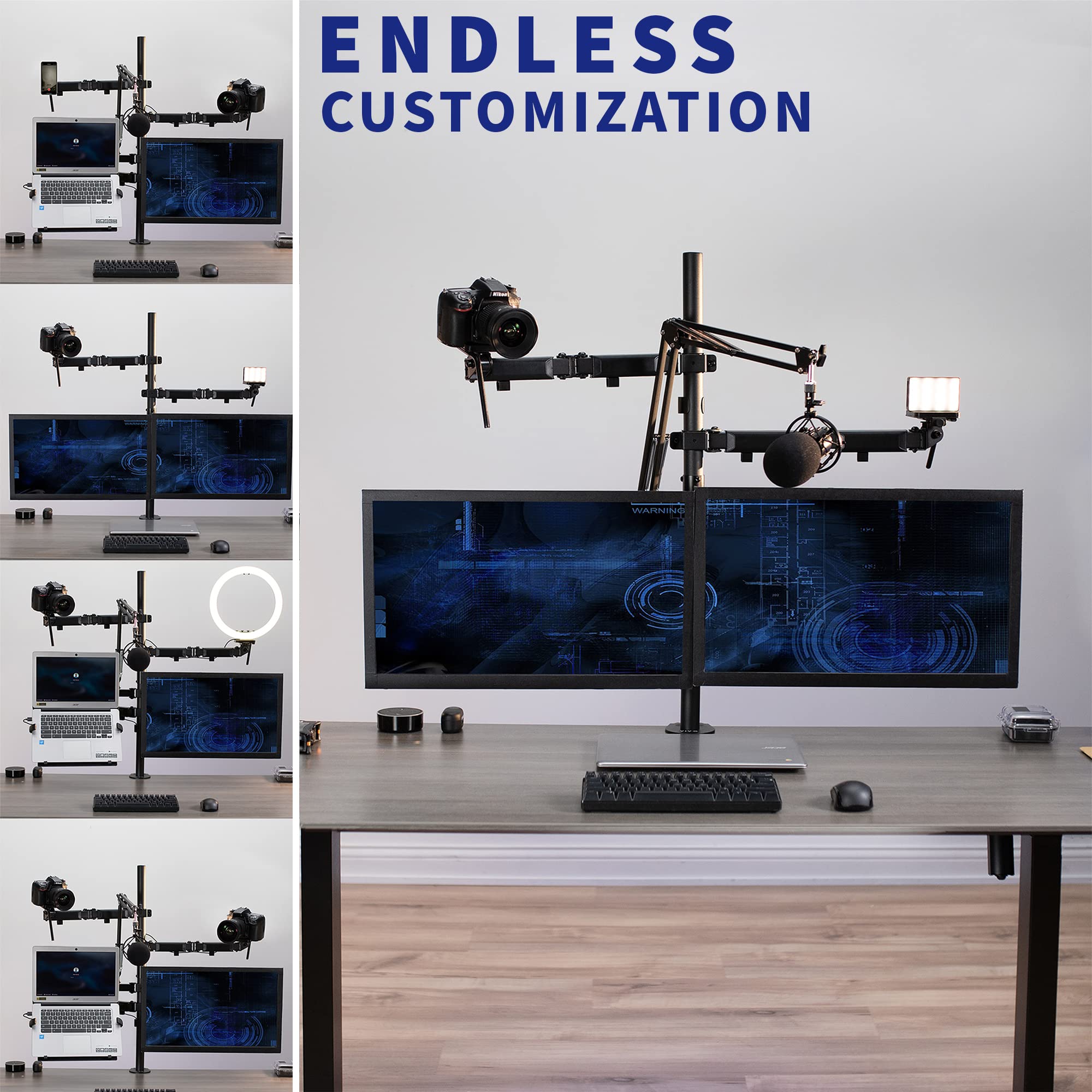 VIVO All-in-One Computer Studio Desk Mount with Mic Boom, Dual Monitor Stand for 32 inch Screens, Laptop Holder & Livestream Arms - Compatible with Cameras, Lights, Phone/Tablet Adapters (STAND-LIVE2L) - Perfect for Home Office, Gaming Setup & Content Creation Studio
