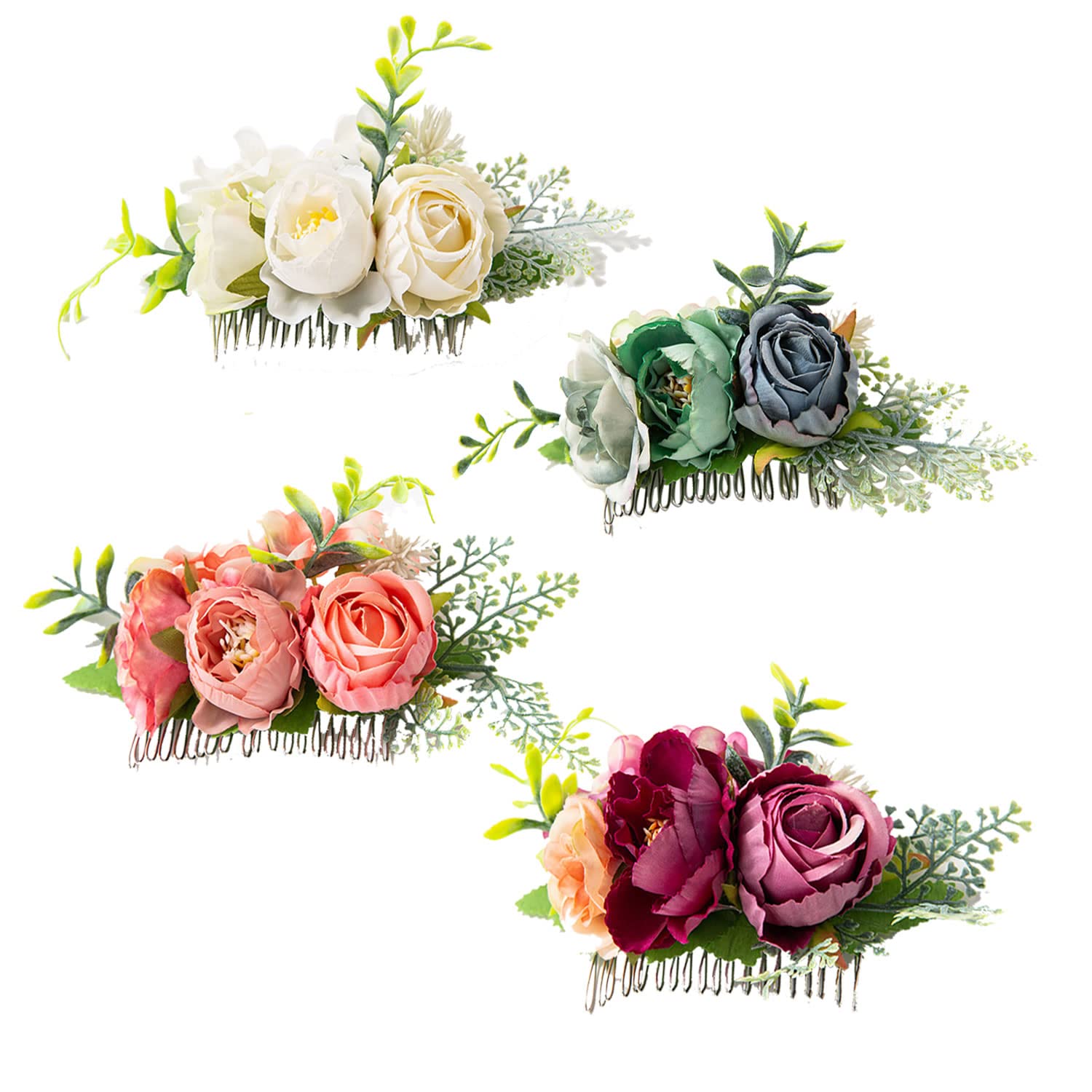 4 Pack Metal Hair Side Combs with Artificial Rose Flowers - Floral Wedding Bridal Headpieces, Hair Clips & Barrettes for Women, Bridesmaids & Flower Girls - Perfect for Weddings, Prom, Parties & Special Occasions