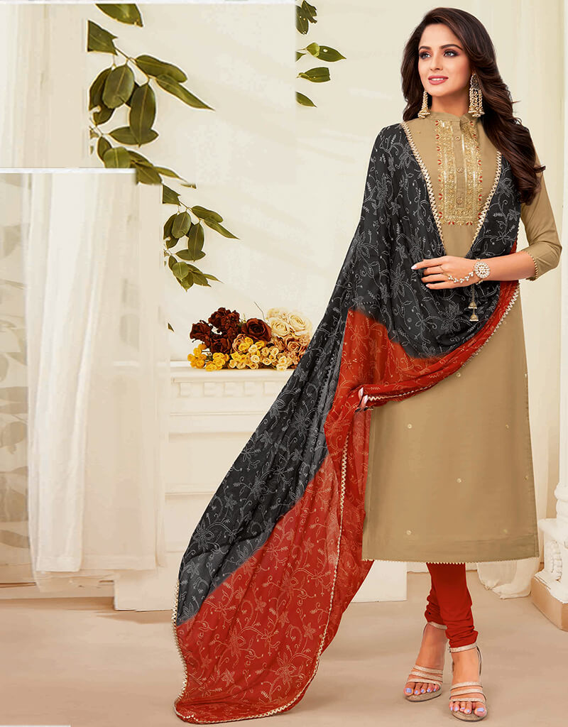 Elegant Beige Chanderi Cotton Chudidar Salwar Suits for Women | Traditional Indian Ethnic Wear | Perfect for Weddings, Festivals & Special Occasions