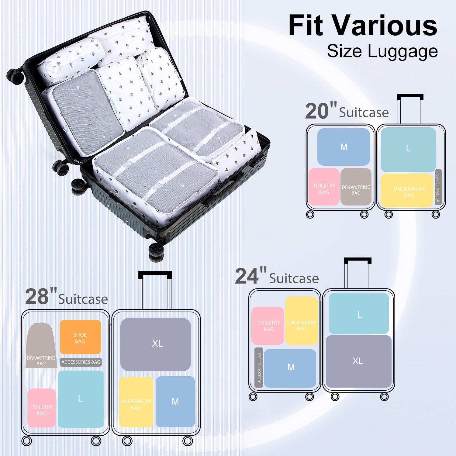 12-Piece Packing Cubes Set for Suitcases - Travel Organizer Bags with Multiple Sizes for Luggage & Carry-On | BESBESME Travel Essentials for Clothes, Shoes & Toiletries (Cactus White) | Perfect for Business Trips, Vacations & Weekend Getaways