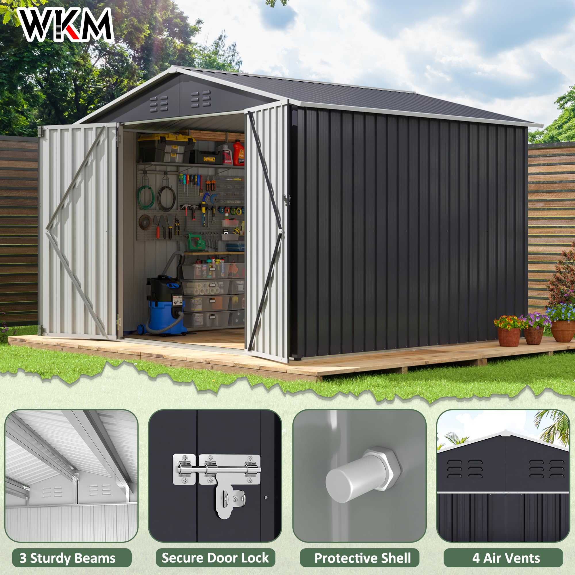 WKM 8x8 FT Heavy Duty Outdoor Storage Shed | Lockable Metal Tool Shed with Reinforced Frame | Large Black Garden Shed for Backyard, Patio & Lawn | Perfect for Storing Lawn Mowers, Gardening Tools & Outdoor Equipment
