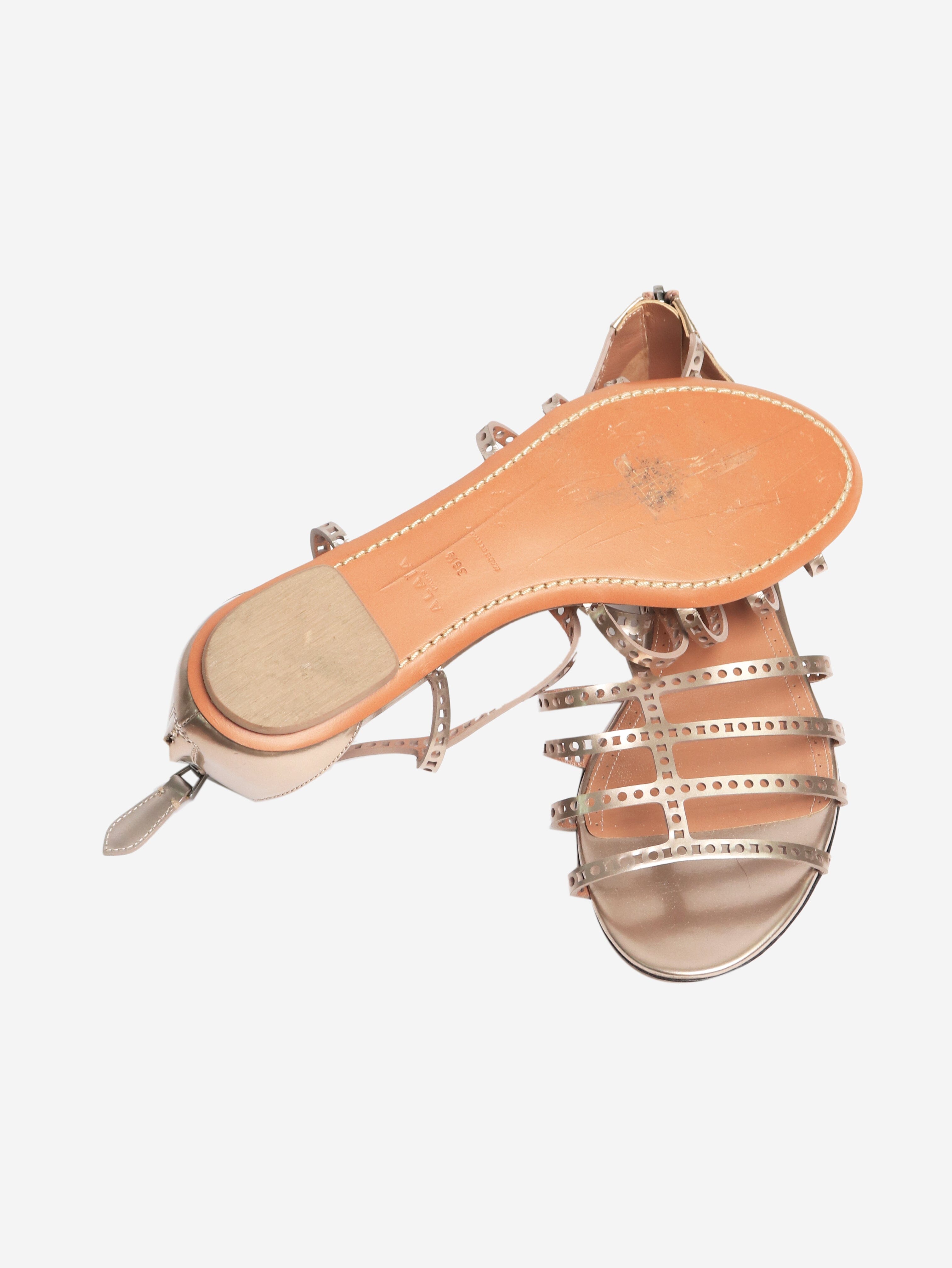 Bronze Leather Laser Cut Strap Sandals - Size EU 38.5 (US Women's 8) - Comfortable Summer Beach Wedding Casual Shoes