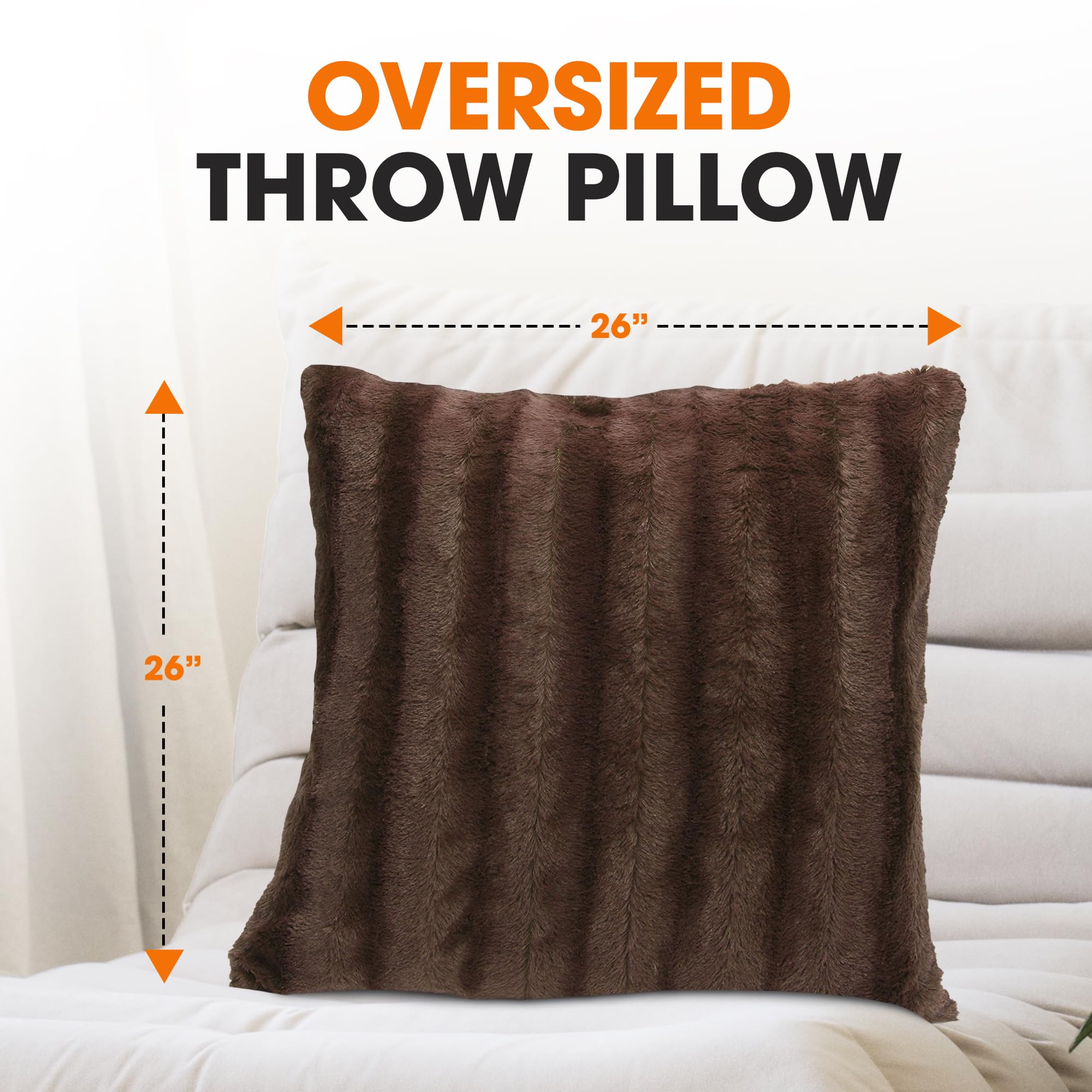 Cheer Collection Faux Fur Throw Pillows Set of 2 - 26x26 Inch Soft Decorative Couch & Bed Pillows, Chocolate Accent Pillows for Cozy Bedroom or Living Room Aesthetic - Perfect for Home Decor, Sofa Styling & Gift Giving