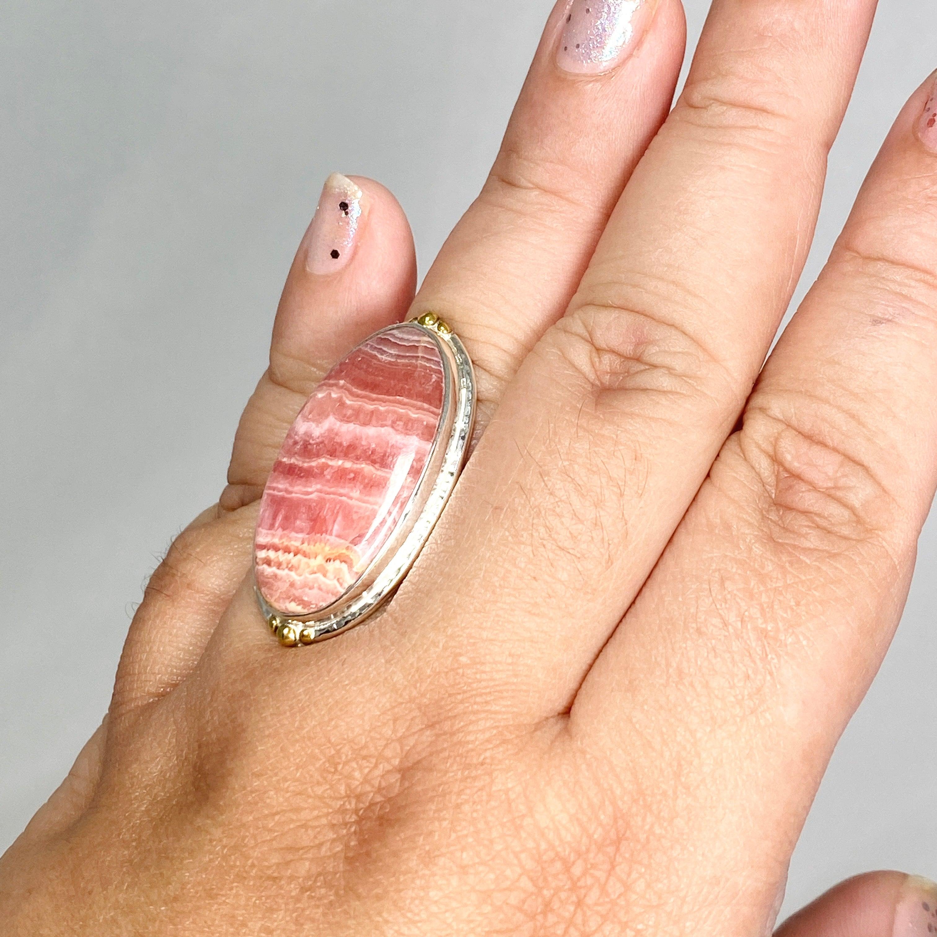 Rhodochrosite Oval Ring with Brass Accents - Size 10 Women's Jewelry KRGJ3166 | Elegant Gift for Valentine's Day, Anniversary & Special Occasions