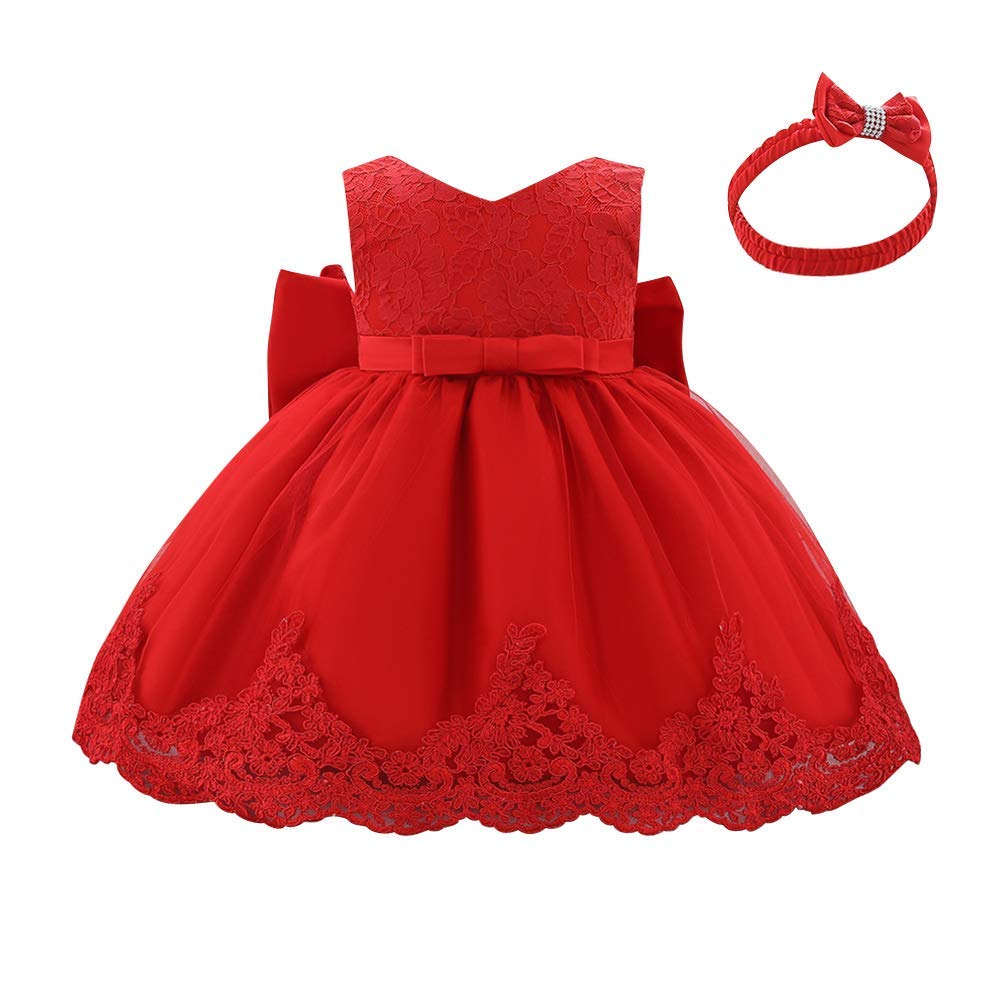 Baby Girls Formal Dress - Lace Bowknot Baptism Gown with Embroidery & Headwear | Princess Birthday, Wedding & Flower Girl Tutu Dress for Special Occasions