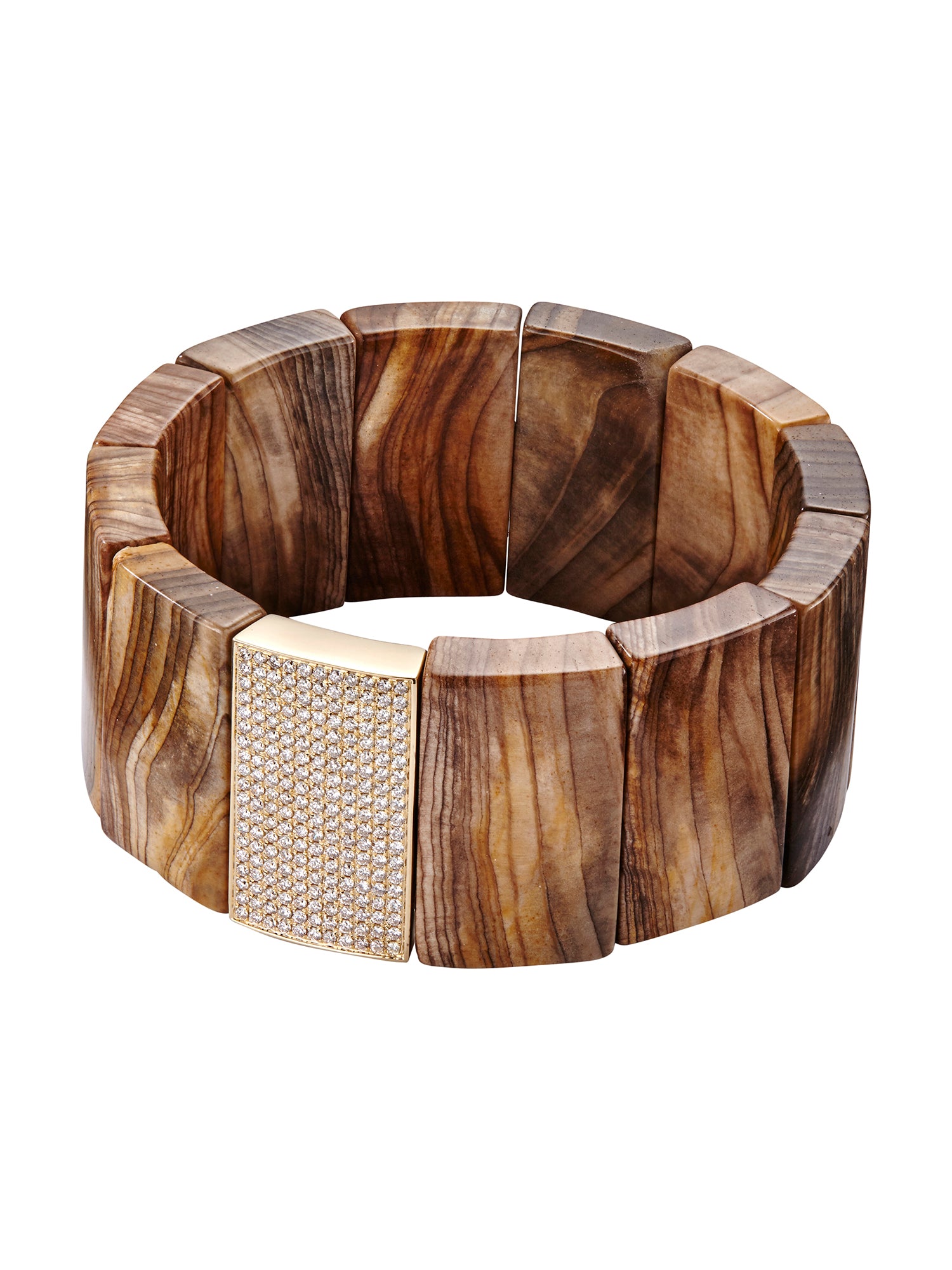 Petrified Wood Pavé Diamond Spacer Bracelet - Natural Stone Beaded Jewelry for Women, Dainty Adjustable Bangle for Everyday Wear & Special Occasions
