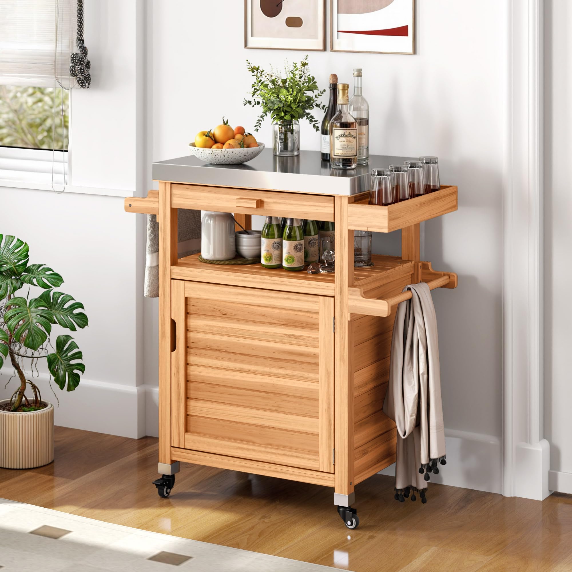 YITAHOME Solid Wood Kitchen Island Cart with Lockable Wheels & Stainless Steel Tabletop - Portable Rolling Kitchen Serving Cart with Storage Cabinet & Drawer - Ideal for Dining Room, Kitchen, and Small Space Organization (Natural Wood Finish)