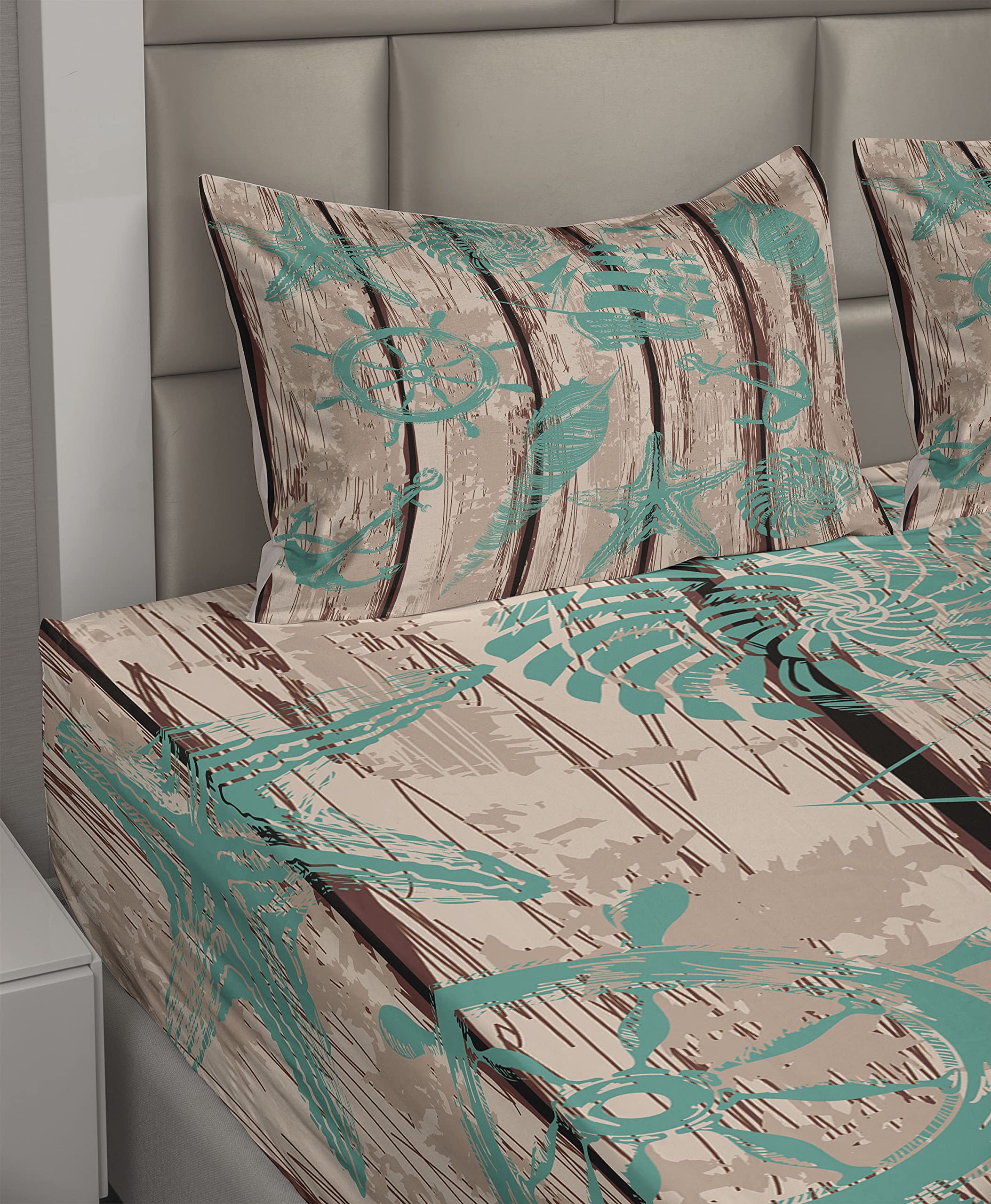 Ambesonne Nautical King Sheet Set - Marine Themed Bedding with Ship Wheel, Anchor, Shells & Starfish - 4 Piece Set Includes Fitted Sheet, Flat Sheet & 2 Pillowcases - Turquoise & Brown - Perfect for Beach House, Coastal Decor or Nautical Theme Bedroom