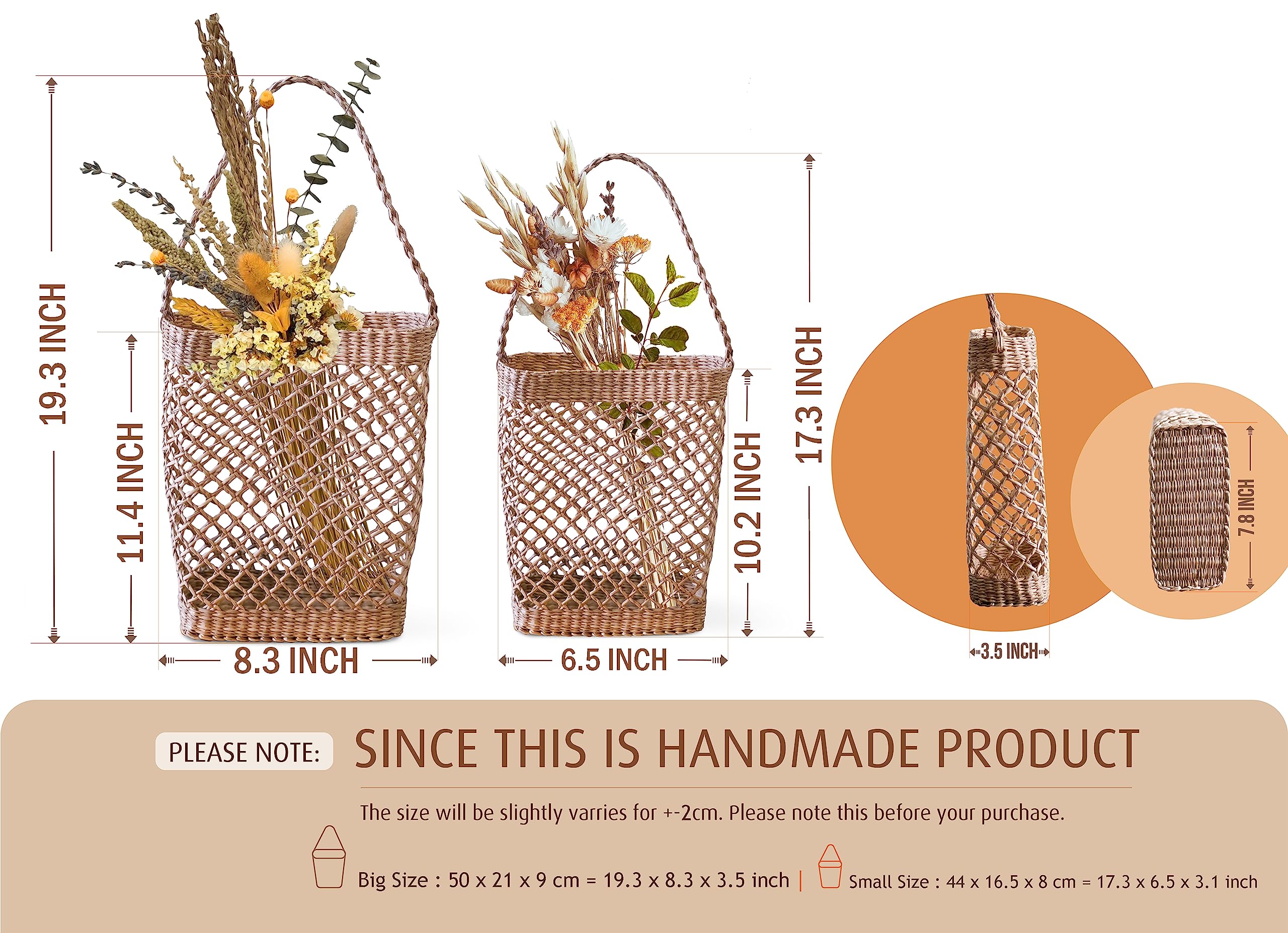 Handmade Seagrass Wall Hanging Baskets Set of 2 - Boho Farmhouse Wicker Decor for Front Door, Flowers, Wreaths & Pampas Grass | Perfect for Spring Decor, Wedding Centerpieces & Cozy Home Styling