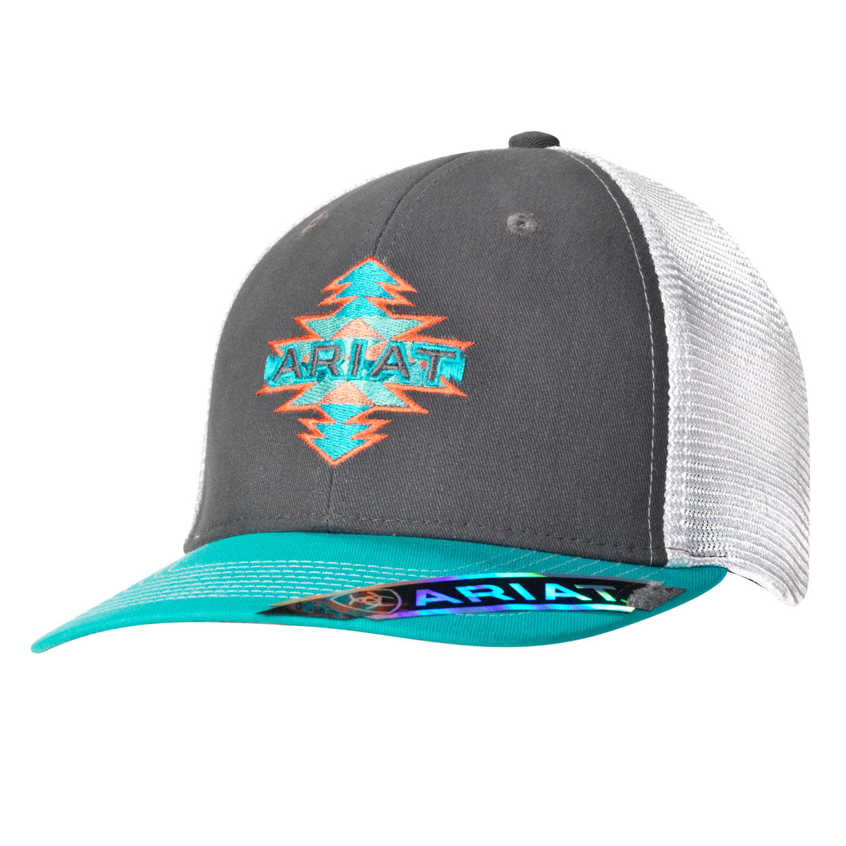 Ariat Women's Grey Baseball Cap with Turquoise & Coral Accents - Stylish Adjustable Hat for Outdoor, Hiking, and Casual Wear