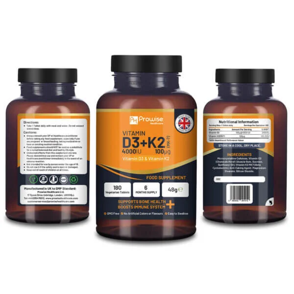 Vitamin D3 4000IU & K2 MK7 100μg Vegetarian Tablets - 180 Count (6 Month Supply) for Bone & Immune Support - Supports Heart Health & Calcium Absorption