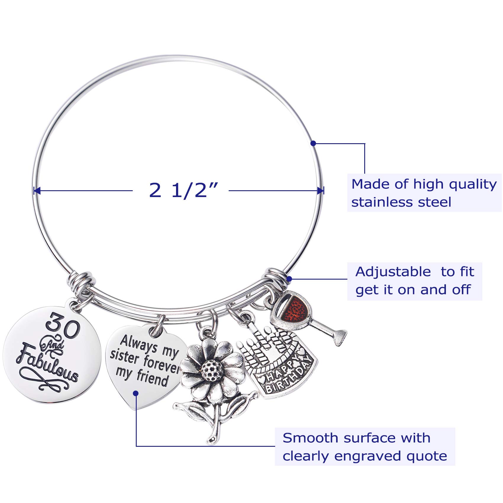 LParkin Expandable Bracelet for Women - 30th & 40th Birthday Gifts, Sister Gifts with 'Always My Sister Forever My Friend' & 'Live Laugh Love' Cake Charms | Perfect for Birthdays, Anniversaries & Special Occasions