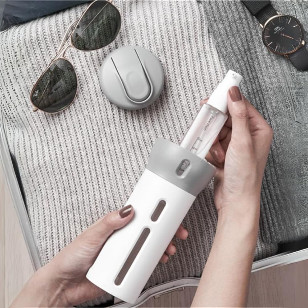 Inevit 4-in-1 Cosmetic Travel Dispenser Kit - Leakproof Refillable Toiletry Bottles for Shampoo, Body Wash & Lotion (40ml x4, Peach) - Compact Travel Essentials for Vacation, Gym & Airplane Carry-On