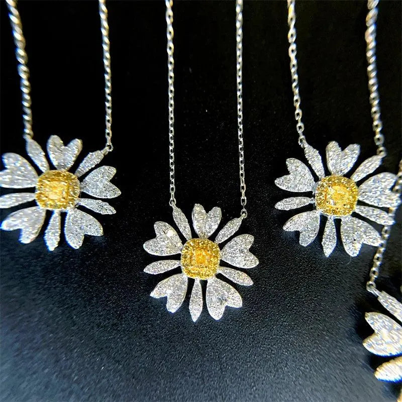 18K White Gold Necklace with Real Yellow Diamond Chrysanthemum Pendant for Women - Elegant Wedding Gift, Birthday Present & Anniversary Jewelry - Perfect for Special Occasions, Date Nights and Formal Events