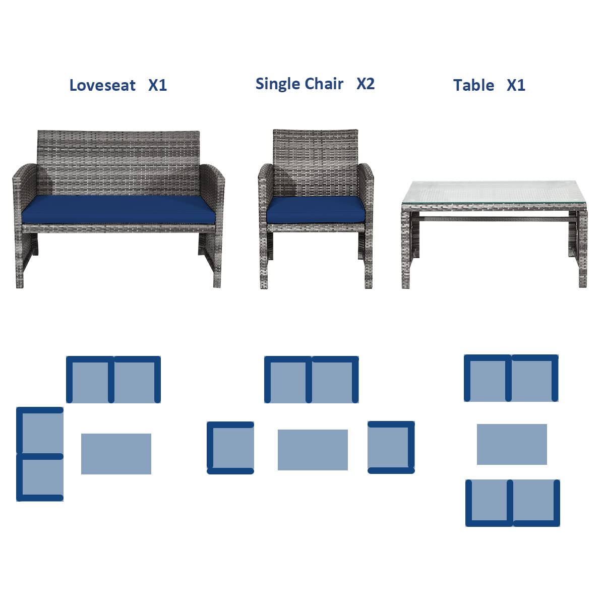Tangkula 4-Piece Wicker Patio Conversation Set - Outdoor Rattan Sofa Set with Coffee Table & Soft Cushions, Durable Patio Furniture for Poolside, Balcony, Garden or Backyard Relaxation