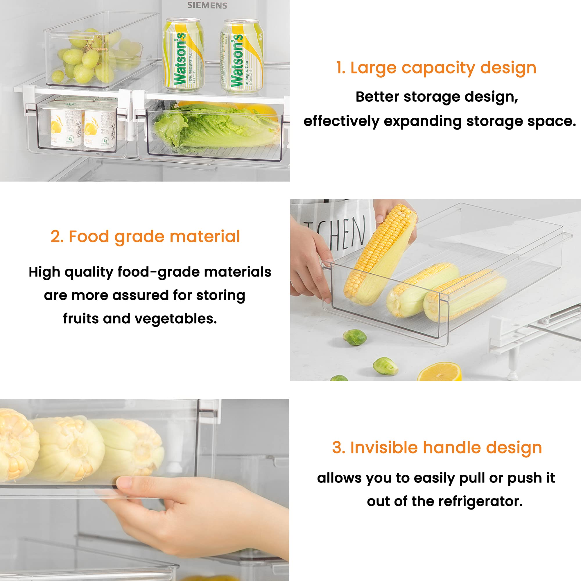 Clear Plastic Fridge Organizer Drawers - Stackable Refrigerator Storage Bins for Fruits, Vegetables, Meat & Cheese | Under Shelf Organizer Containers | Easy to Install | Perfect for Kitchen, Pantry & Meal Prep Organization