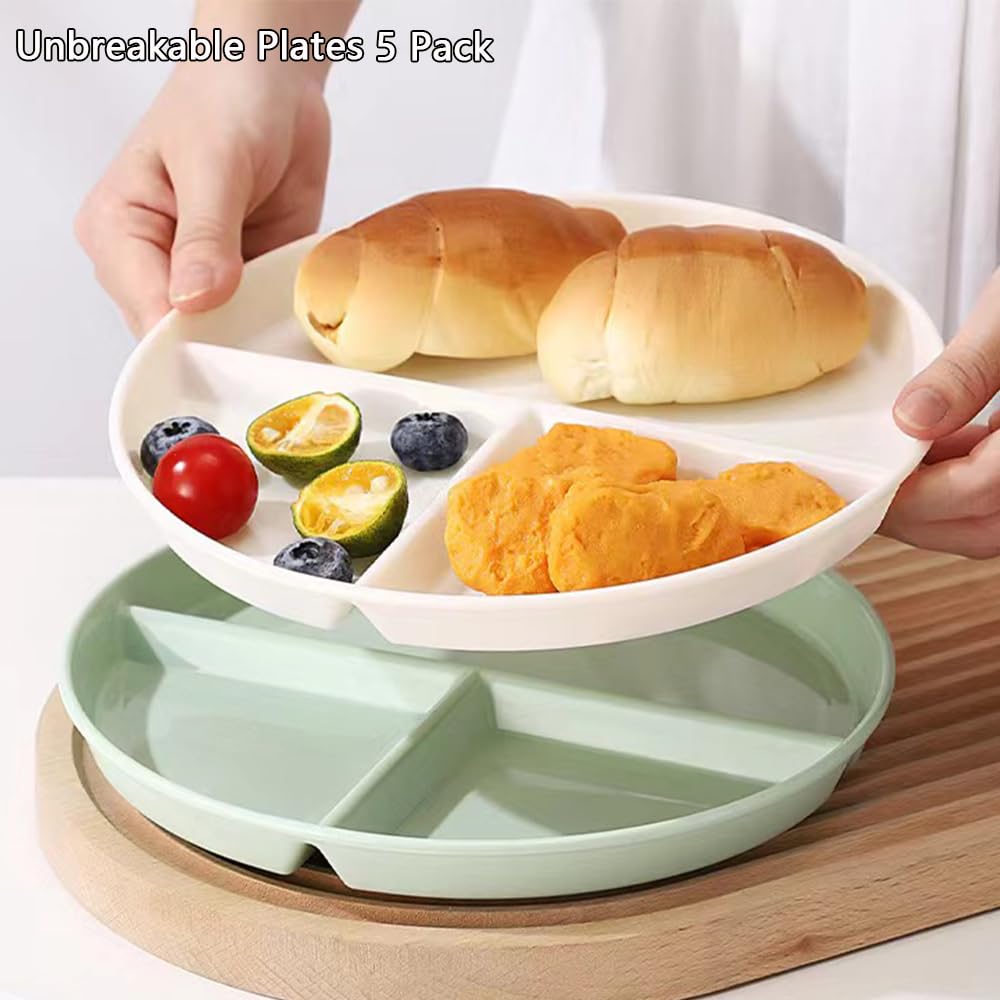 Unbreakable 5-Piece Divided Dinner Plate Set - 9 Inch BPA-Free Wheat Straw Portion Control Plates for Healthy Eating, Bariatric Diet & Kids | Microwave & Dishwasher Safe for Everyday Meals