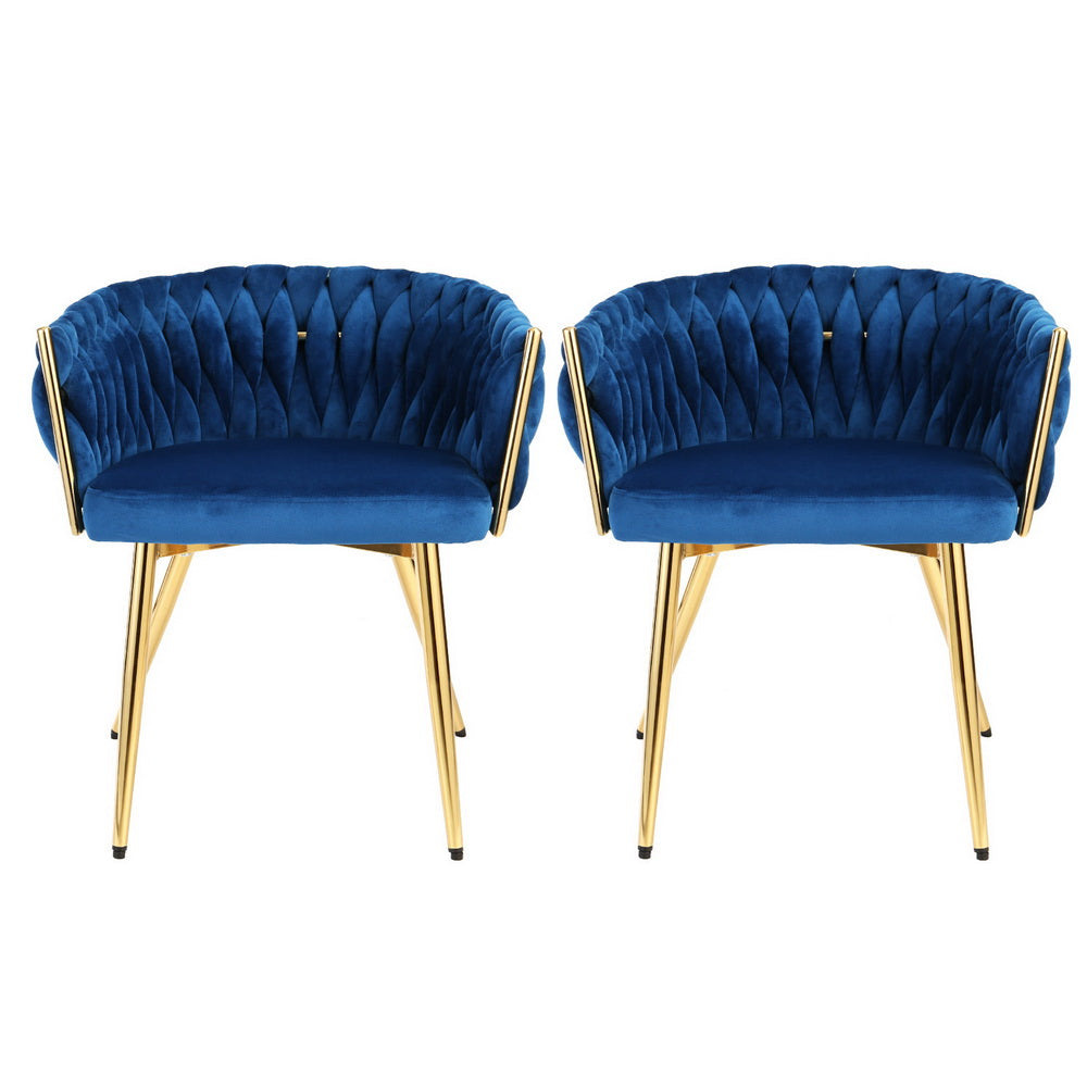 2 Pack Artiss Velvet Woven Dining Chairs - Blue Upholstered Armchairs for Kitchen, Dining Room & Home Decor