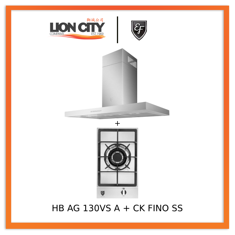 EF 90cm Stainless Steel Chimney Hood CK Fino SS with EF HB AG 130VS 30cm Built-in Gas Hob - Modern Kitchen Ventilation for Home Cooking & Professional Use