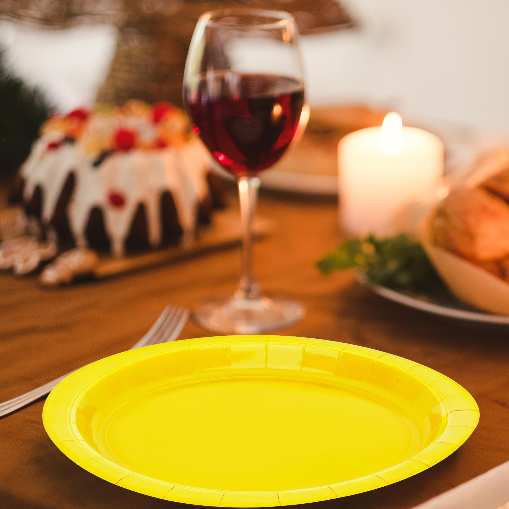 QZYL 50-Pack Disposable 9-Inch Round Paper Plates - Yellow Dinner Plates for Parties, Picnics, Weddings & Events | Eco-Friendly Party Supplies for Daily Meals, Anniversaries & Festive Gatherings