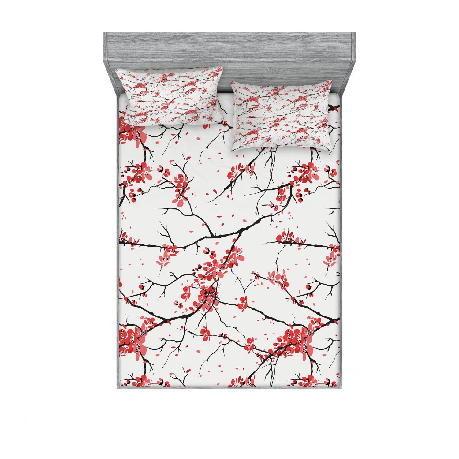 Ambesonne 2-Pack Full Size Fitted Sheet Set with 4 Pillow Shams - Floral Windy April Weather Design in Coral & Black - Soft Bedding for Guest Rooms, Dorms, Apartments & Home Decor