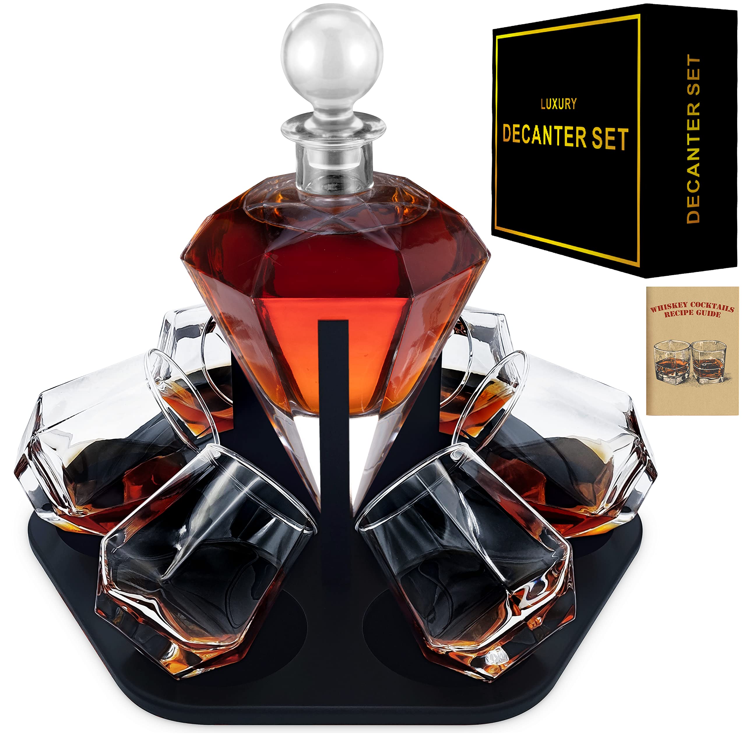 Premium 6-Piece Diamond-Cut Whiskey Decanter Set with Glasses - Elegant Bourbon & Scotch Decanter Gift Set for Men - Perfect for Home Bars, Weddings & Anniversary Gifts - Whisky Aerator & Liquor Pouring Set for Tequila, Brandy & Spirits