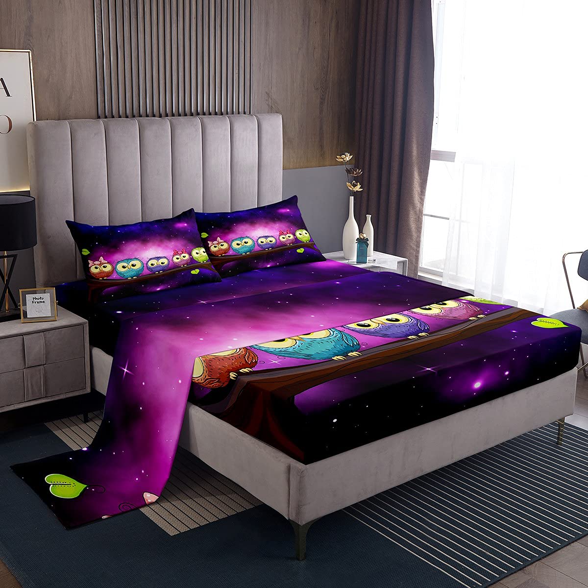 Manfei Queen Size Galaxy Owl Bedding Set - 4 Piece Deep Pocket Sheets with Outer Space Flat Sheet & 2 Pillowcases - Purple Starry Sky Bed Sheets for Kids, Boys & Girls - Perfect for Kids' Rooms, Themed Bedrooms & Space Enthusiasts