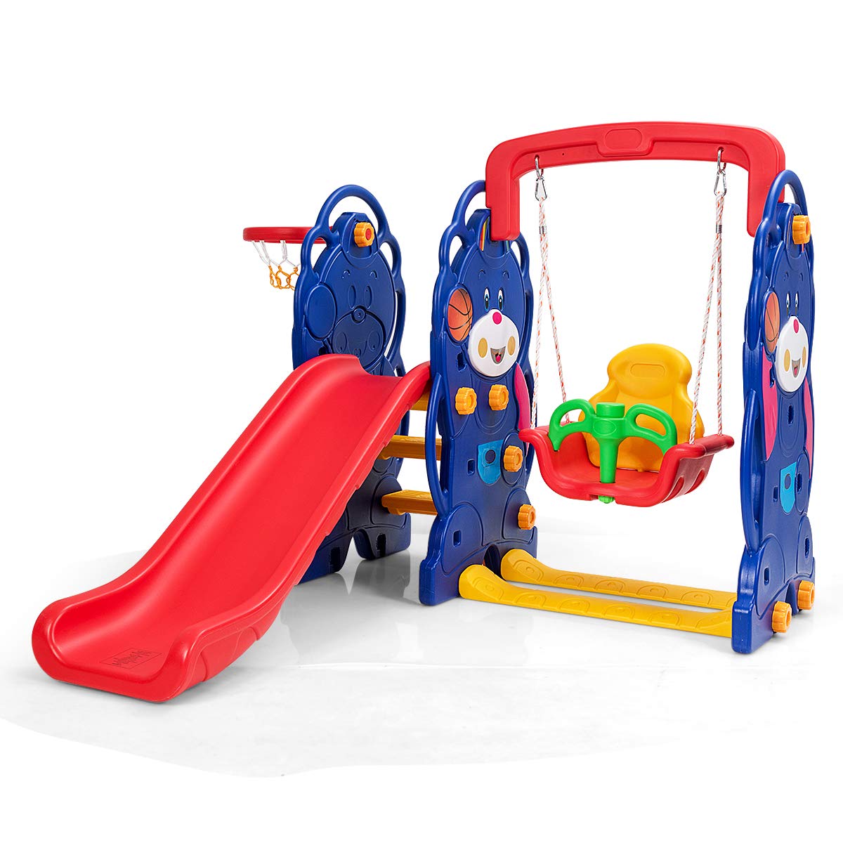 Costzon 3-in-1 Toddler Swing and Slide Playset with Basketball Hoop - Large Outdoor Climber Set for Kids Ages 3-10 - Sturdy Long Slide, Safety Stairs & Thickened Panels - Perfect for Backyard, Garden & Indoor Play - Great Birthday & Holiday Gift for Boys & Girls
