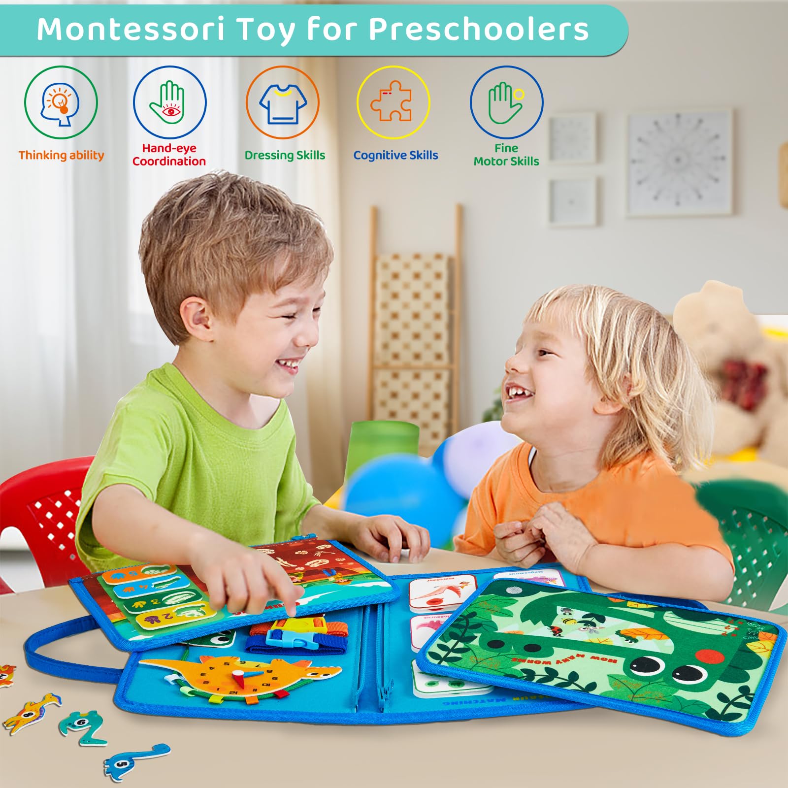 Montessori Busy Board Sensory Toys for 3-4 Year Old Kids - Dinosaur Themed Educational Travel Activity Toy for Toddlers | Perfect Birthday Gift, Airplane & Car Ride Entertainment, Preschool Learning Tool