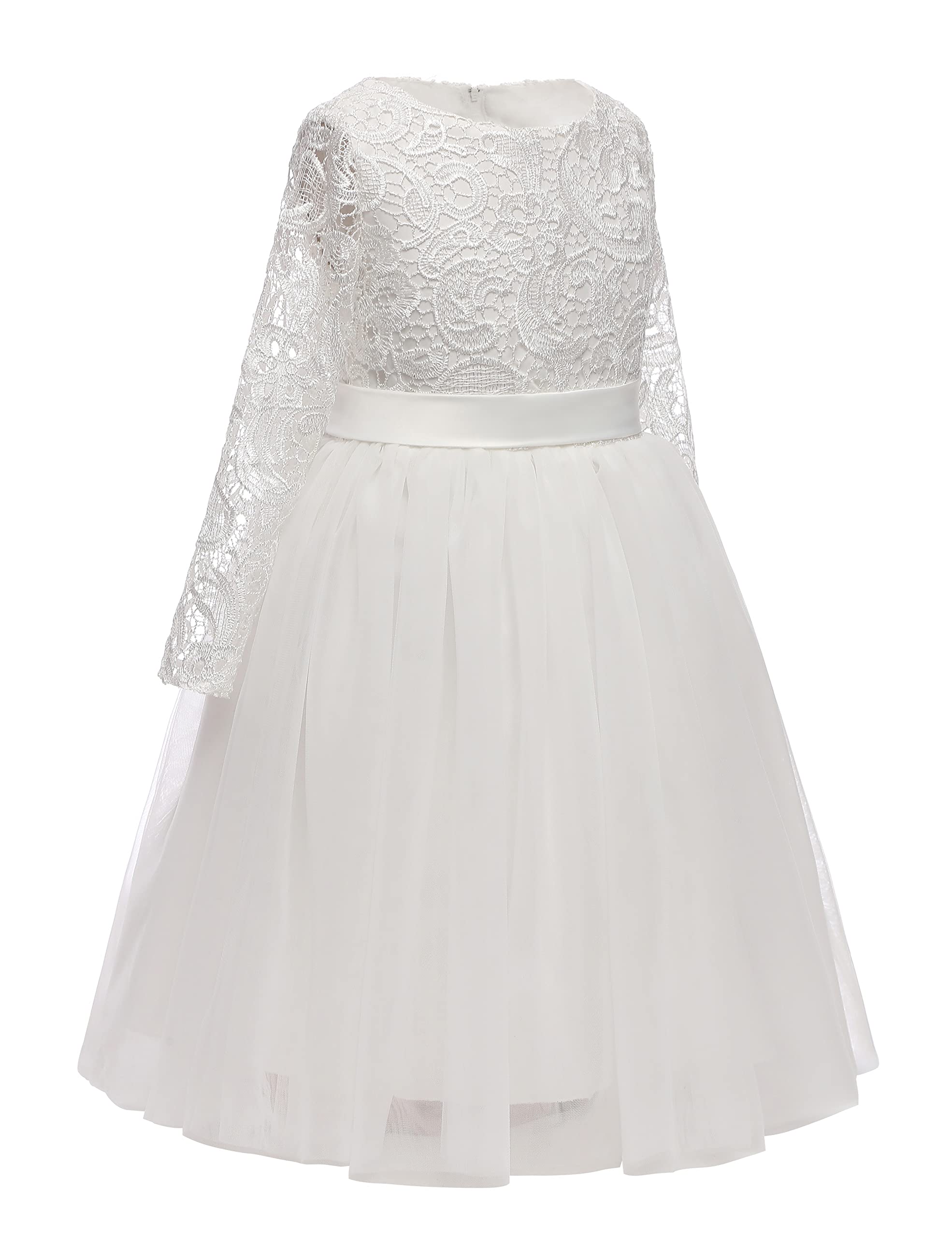 Aibaowedding Long Sleeve Lace Flower Girl Dress with Tulle Skirt - Elegant Girls Party Dress for Weddings, Baptisms & Special Occasions